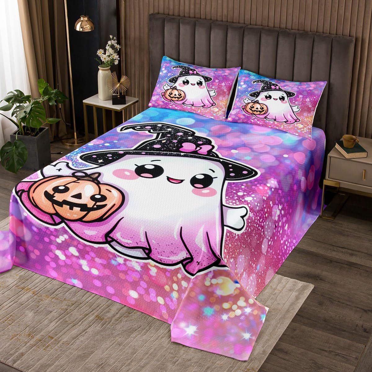 Erosebridal Kids Cute Halloween Decor Quilt Set Queen Size, Pink Halloween Bedspread for Girls Teens Child, Pink Ghost Coverlet, Sweet Candy Sugar Love Heart Bedding Set