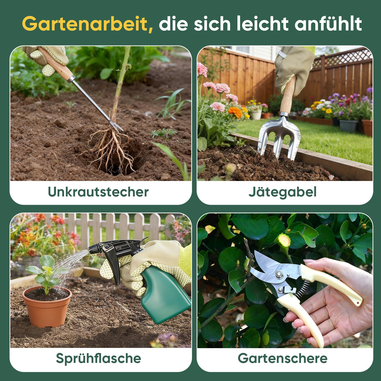 Gartenwerkzeug Set, 10-teilig Gartengeräte aus Hochwertigem Edelstahl, inkl. klein Gartenschaufel Gartenschere Gartentasche Handschuhe