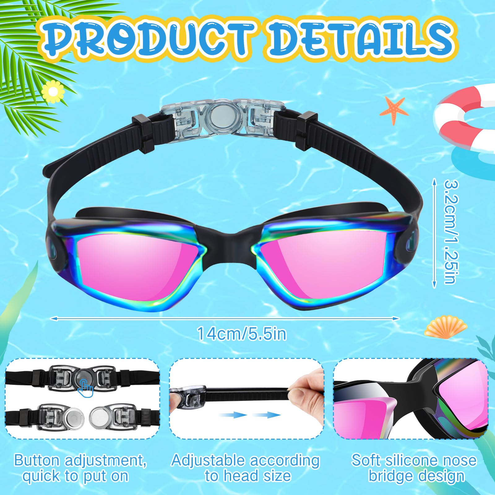 Flutesan Schwimmbrille aus Silikon, Anti-Beschlag-Schwimmbrille mit Nasenklammer, Ohrstöpsel, für Erwachsene und Kinder, 3 Farben, 3 Stück