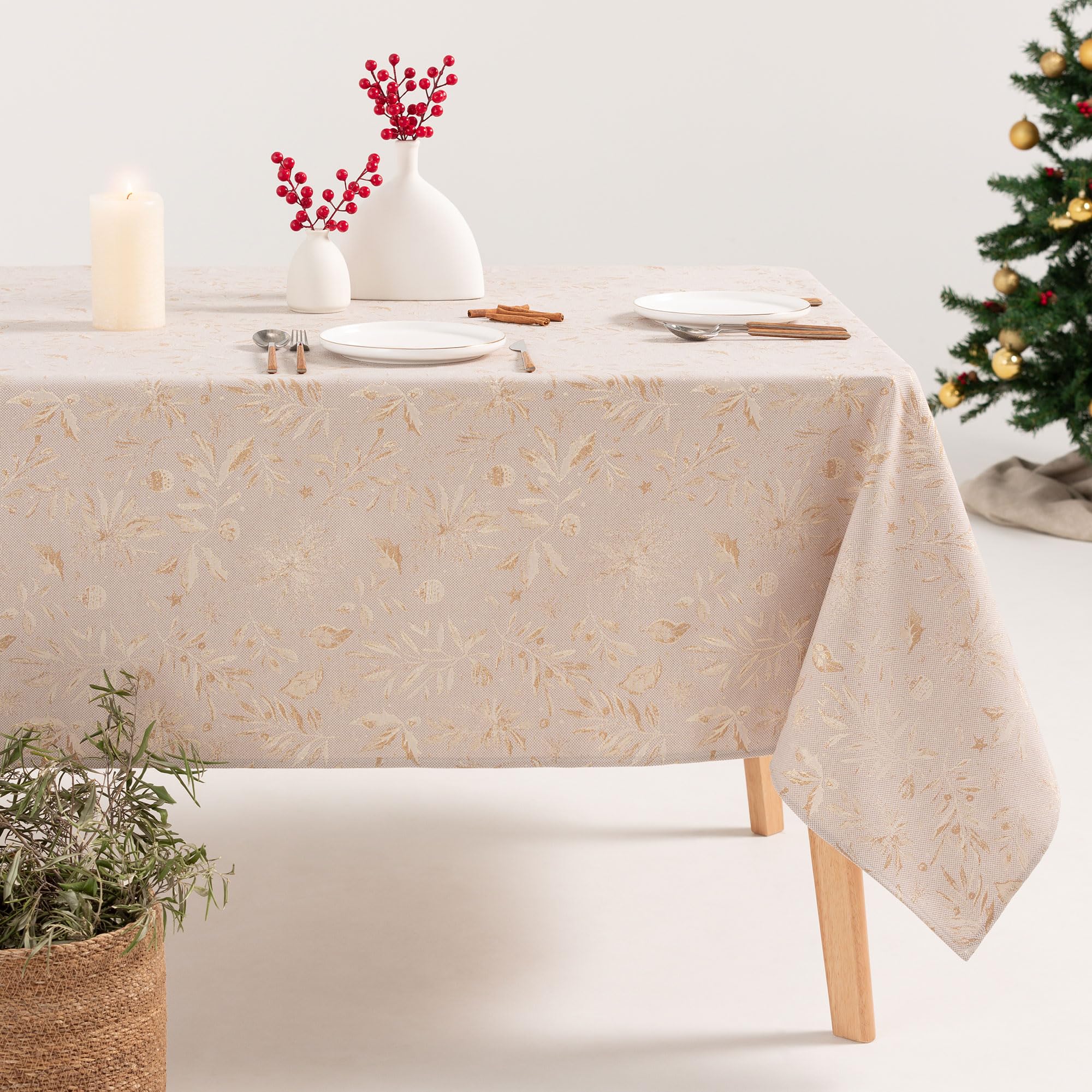 Gamusi Beige Tablecloth Christmas Floral Jacquard Golden Thread Dining Table Rectangular Christmas Decoration 140 X 240 Cm