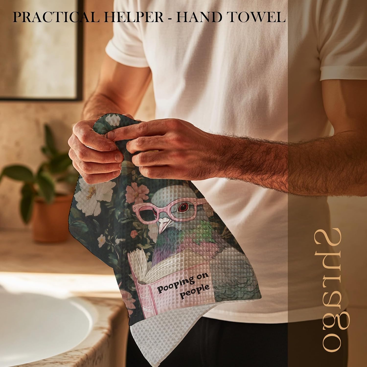 Funny Pigeon Bathroom Hand Towels, Funny Bathroom Decor, Pooping on People Humorous Bird Hand Towels for Toilet Guest Bath Washroom Decor, 16x24 Inch - Flowers image 3