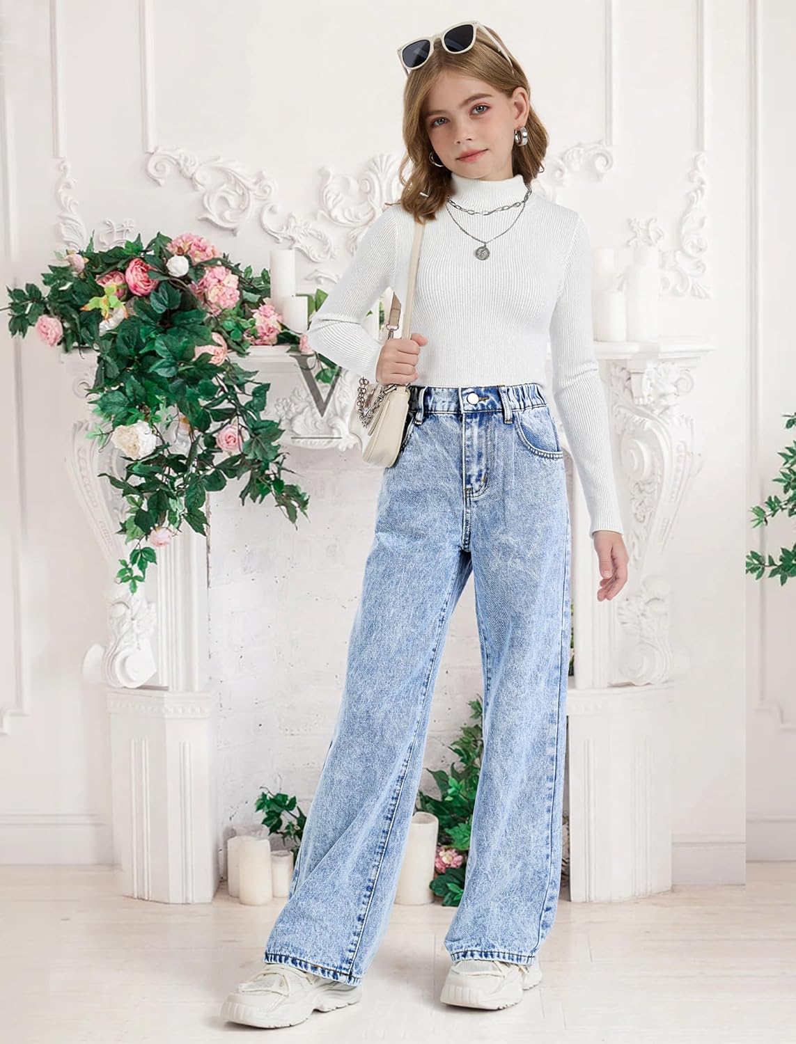 Girls Wide Leg Jeans Baggy Bow Embroidery High Elastic Waist Denim Pants Cute Y2K Trendy Tween Streetwear 8-16Y - Image 2