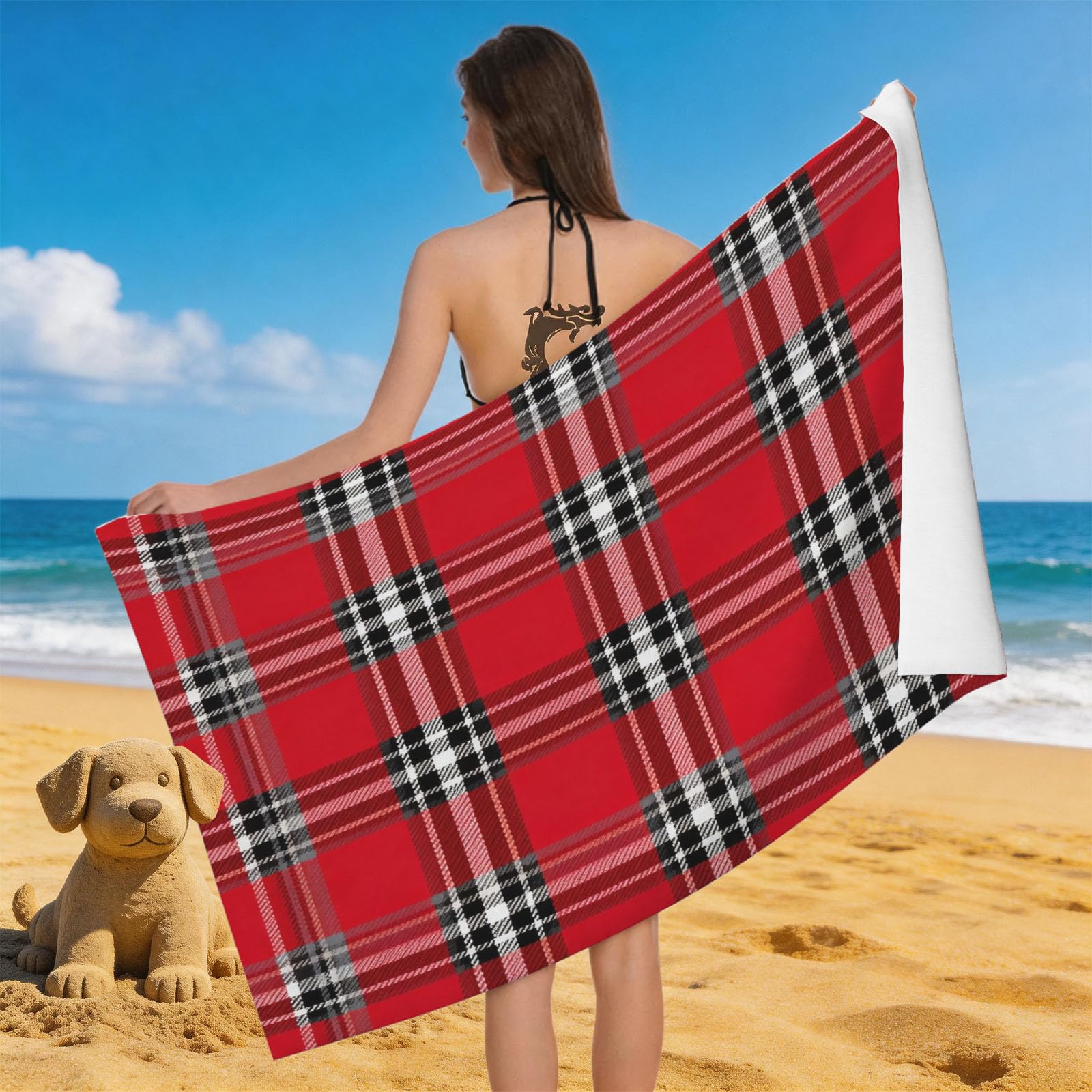 Leichong 3D Scottish Plaid Beach Towel Microfiber Soft Quick Dry for Adults, Chic Bath Towel Lightweight Soft Absorbent for Travel Swimming Pool Sports, 75 x 150 cm