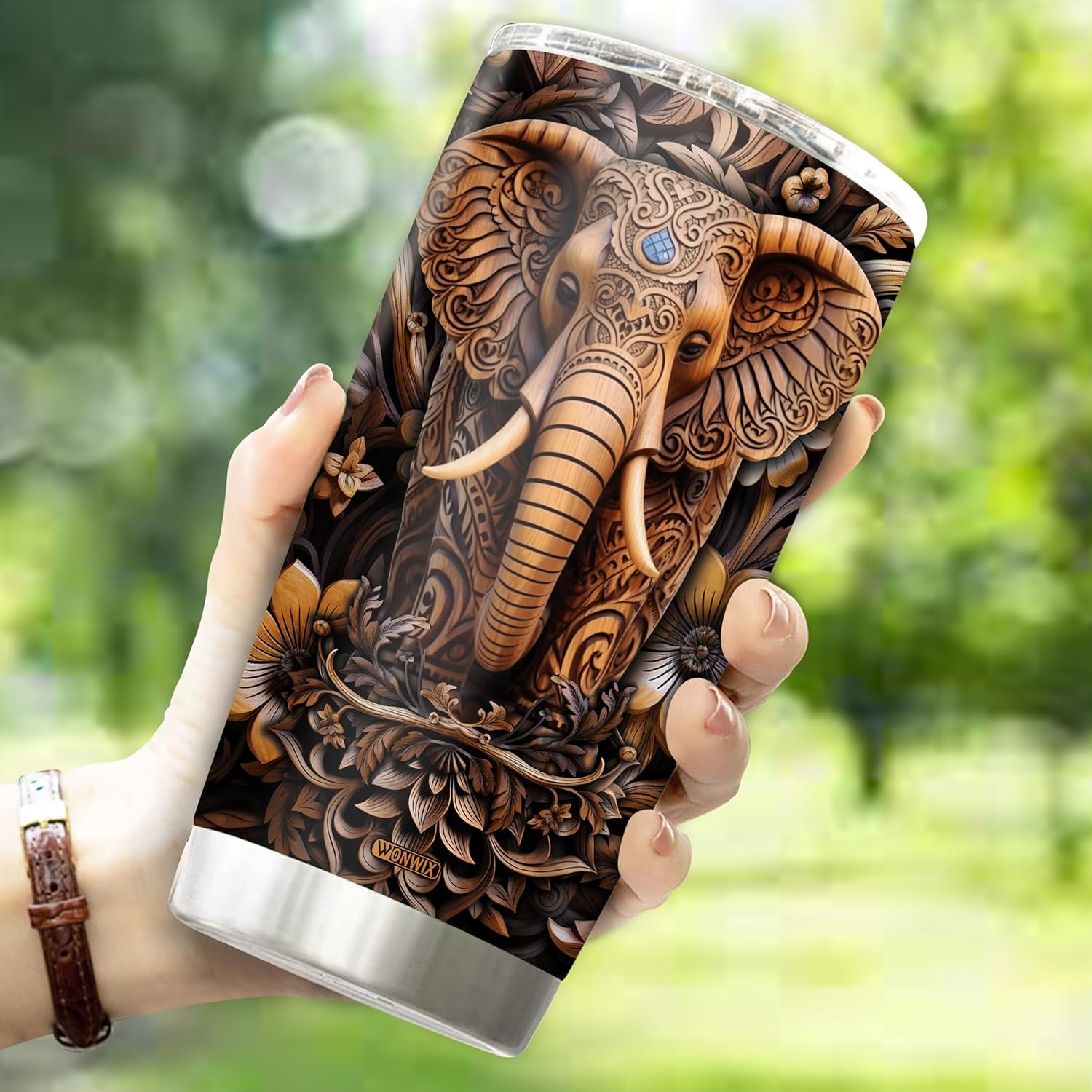Personalized Elephant Wood Drawing Tumbler Gifts for Him Her 20oz Stainless Steel Insulated with Lid Coffee Travel Mug Cup for Men Women Custom Name Water Bottle