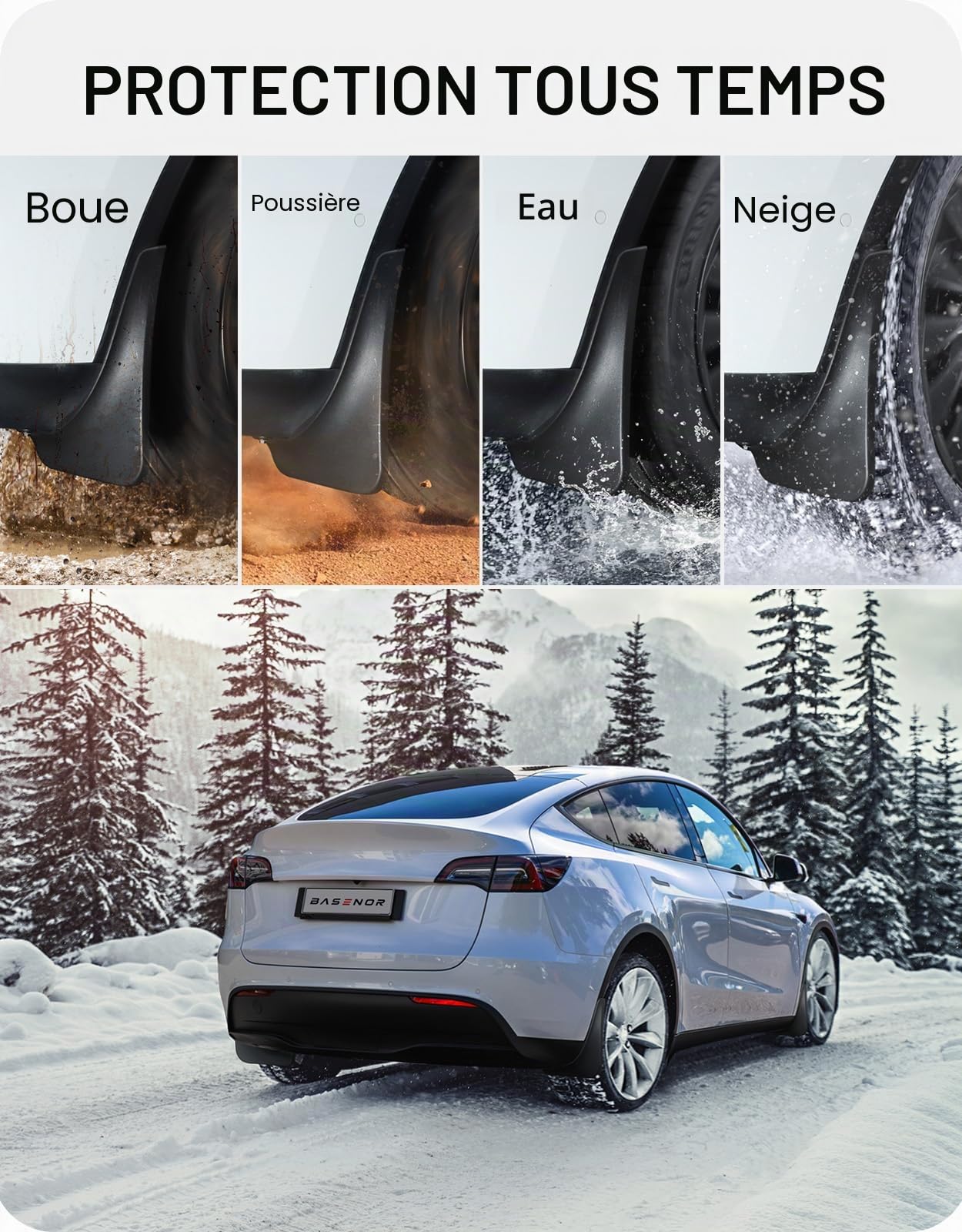 BASENOR 2020-2024 Bavettes de Protection Tesla Model Y Protecteurs d'éclaboussures Pas de perçage Pas de Ruban adhésif Protecteur de Pneu Bavettes Tous Temps Accessoires extérieurs Tesla