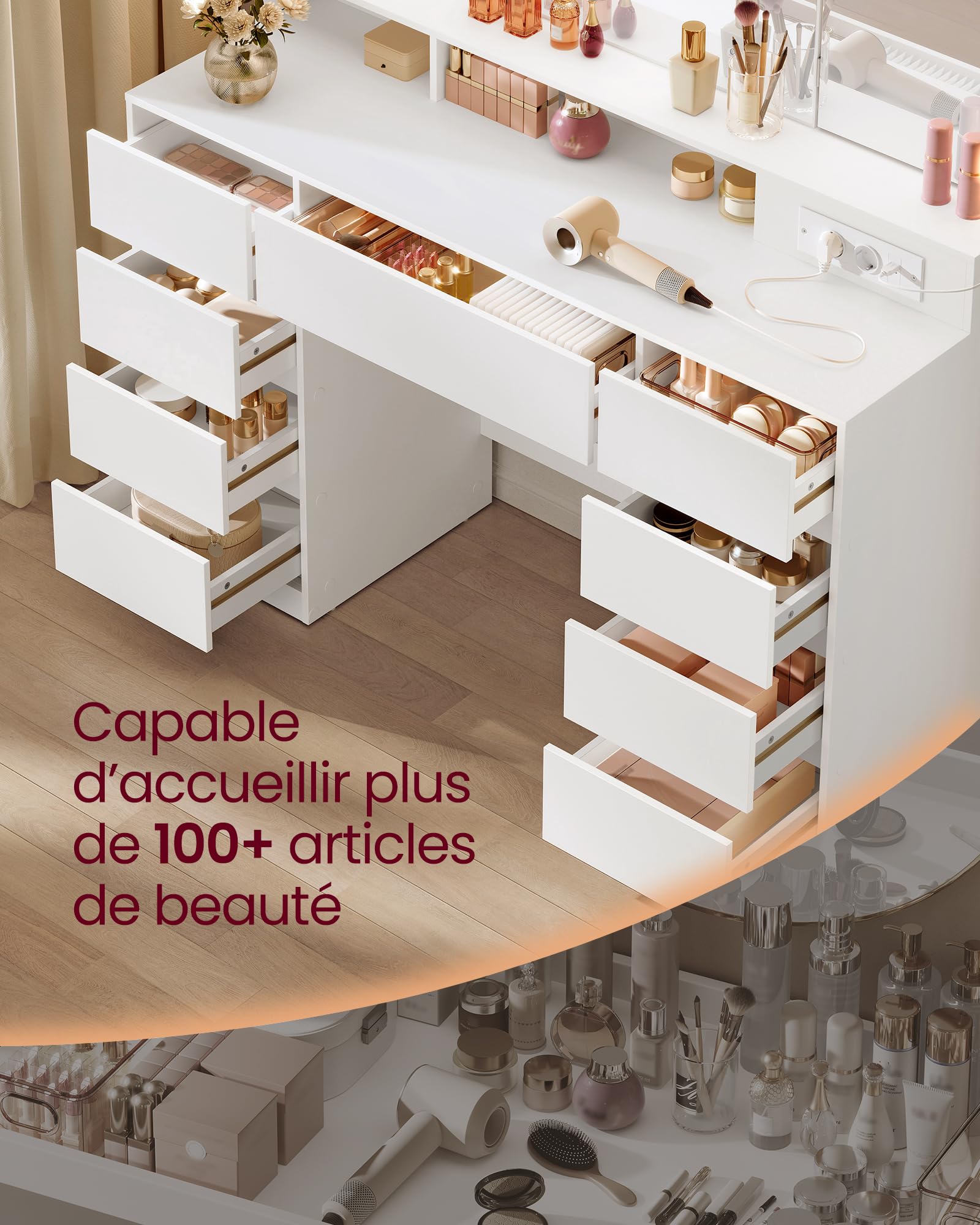 VASAGLE KAILYN Collection - Coiffeuse avec 3 Miroirs Pliables, 11 Ampoules, Multiprise, 9 Tiroirs, Éclairage 3 Couleurs, Table de Maquillage, Installation des Rails sans Outils, Blanc Nuage RDT146WB01