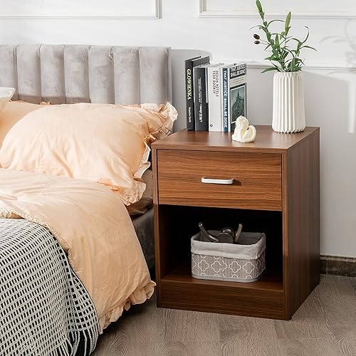 Miniatura 2 de Giantex Mesita de noche de nogal, mesita de noche de granja con cajón y armario de almacenamiento abierto, mesita de noche de madera, mesa auxiliar