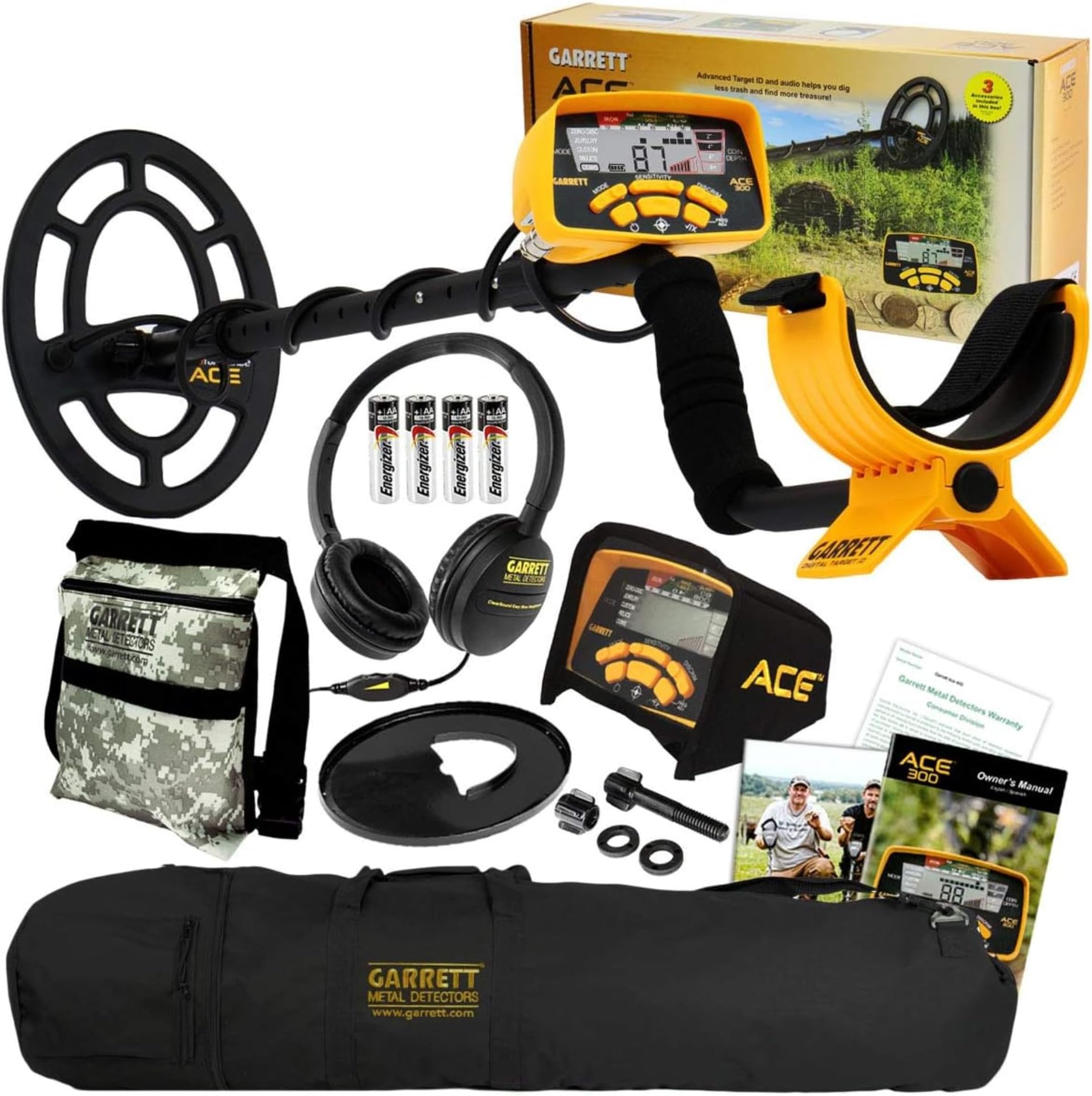 Garrett ACE 300 Metal Detector Bundle – Digital Target ID, Iron Resolution, Adjustable Frequency, Includes Carry Bag, Camo Pouch, Headphones & Searchcoil Cover