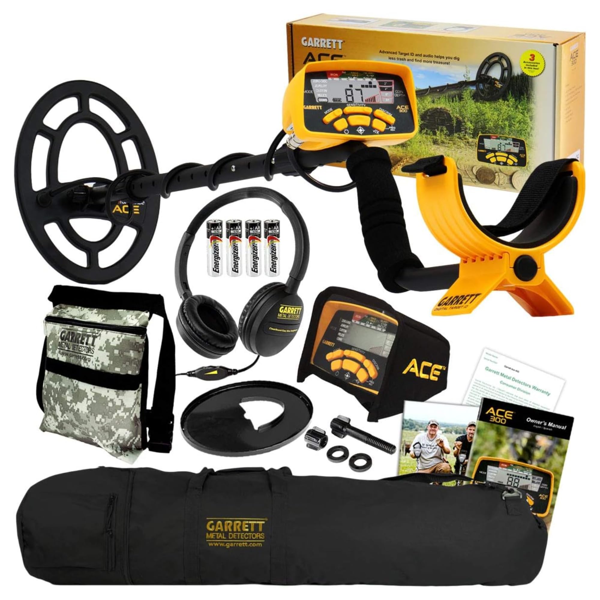 Garrett ACE 300 Metal Detector Bundle – Digital Target ID, Iron Resolution, Adjustable Frequency, Includes Carry Bag, Camo Pouch, Headphones & Searchcoil Cover