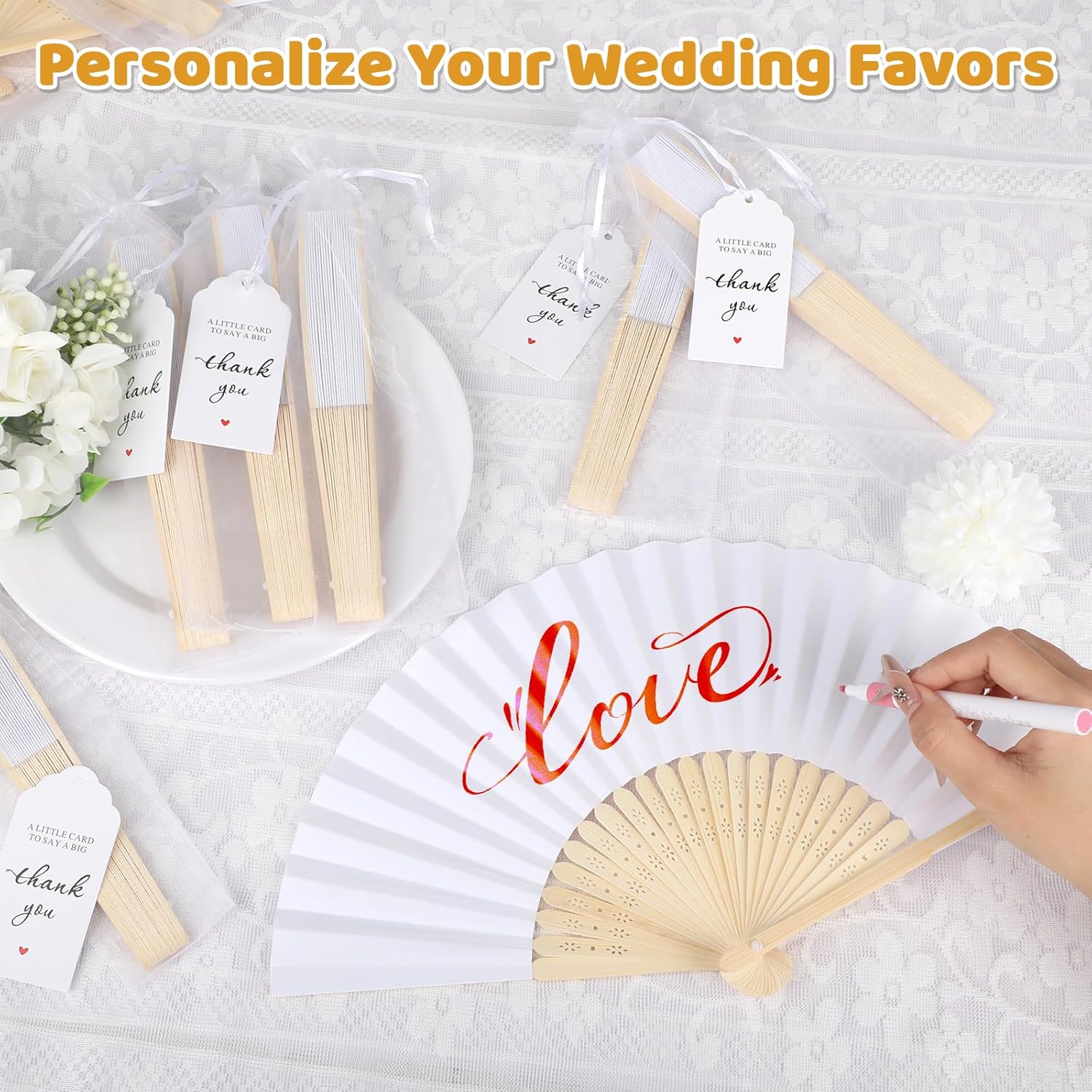 60 Pack White Paper Fans Bulk Bamboo Folding Handheld Fans for Wedding Guests with Thank You Tags & Organza Bags, Party Favors for Bridal Dancing, Summer, Home Decor & DIY Supplies