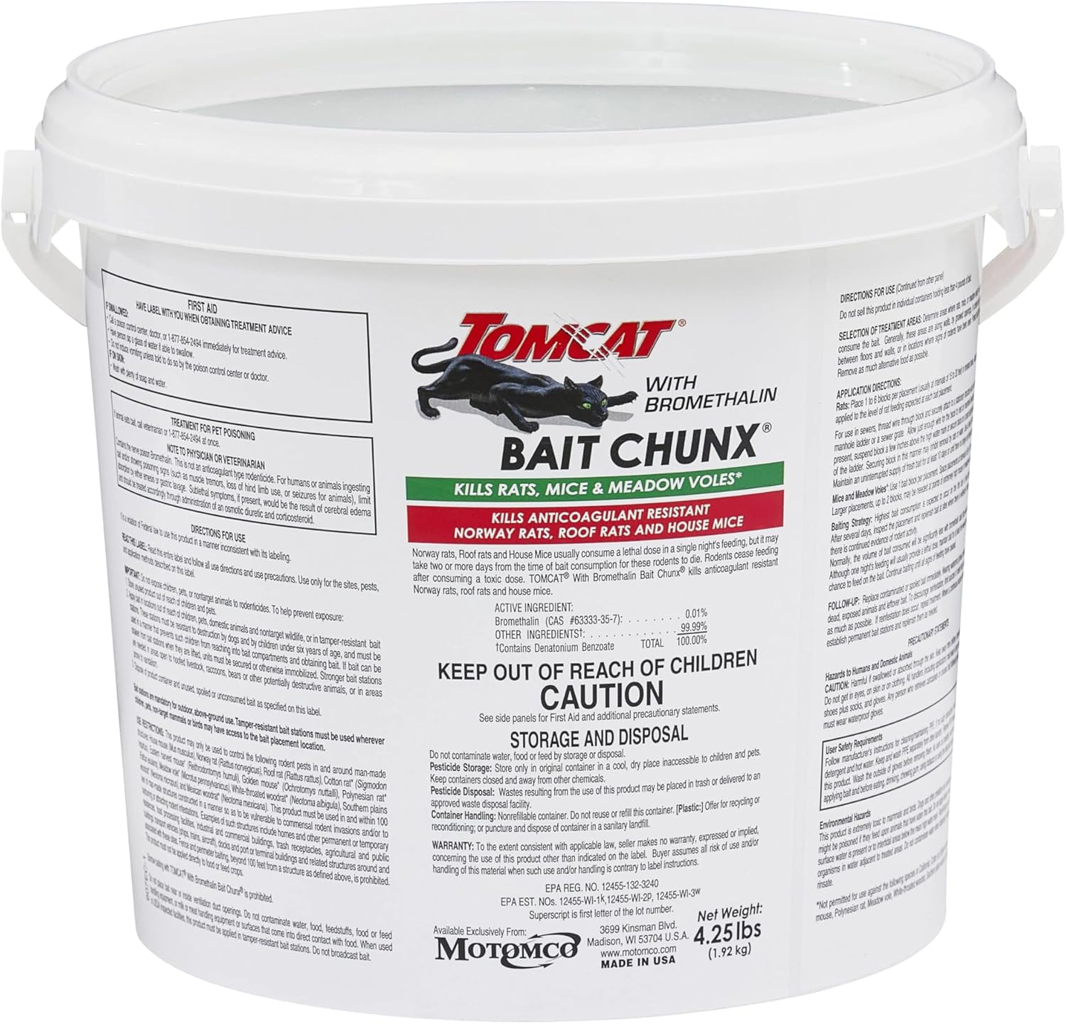 Tomcat with Bromethalin Bait Chunx Pail, Rat and Mice Control for Agricultural Use and Professional Applicators, 4.25 lbs.