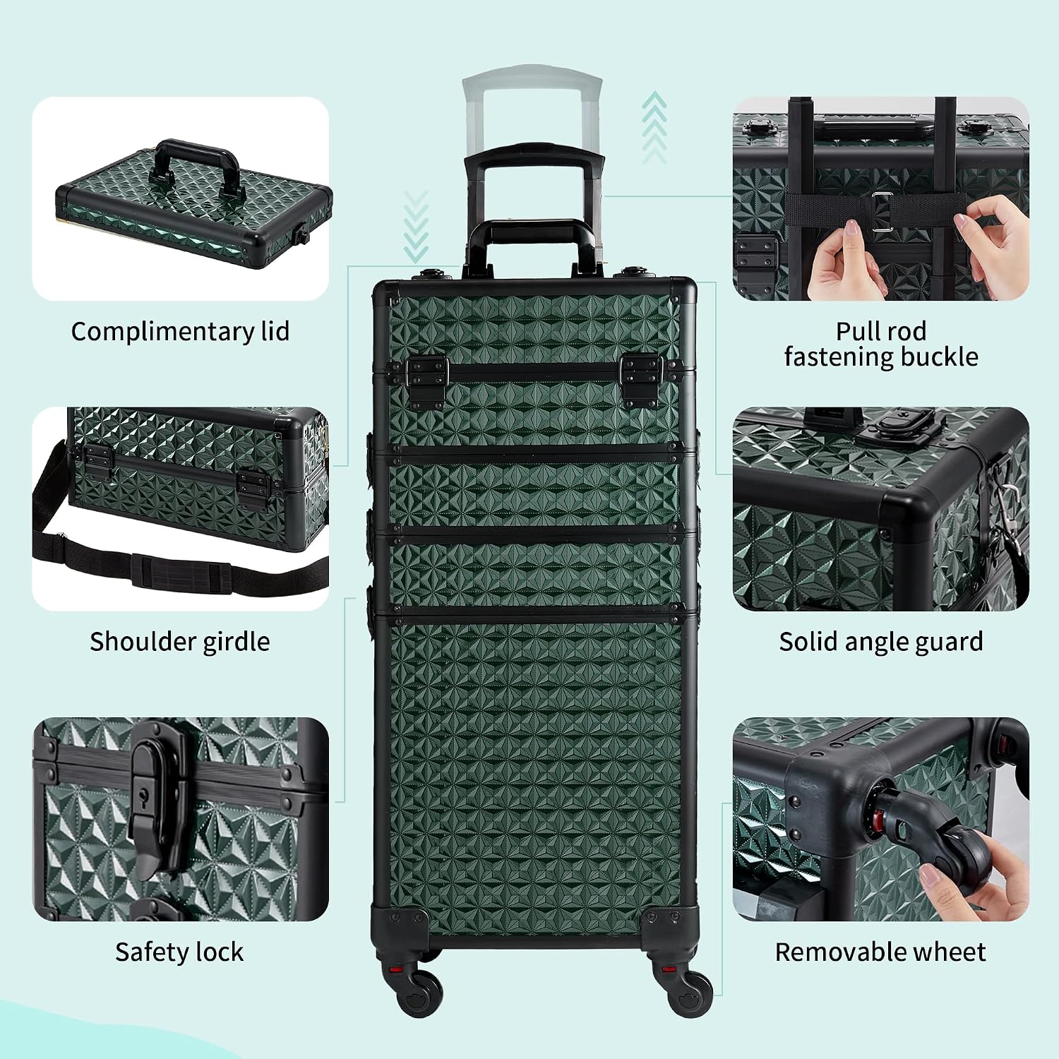 Rolling Makeup Case, Makeup Train Case with Lid, 5 in 1 Cosmetology Case on Wheels, Christmas Gift, Large Makeup Case Organizers, Profesional Cosmetic Case for Salon Barber,Black Green