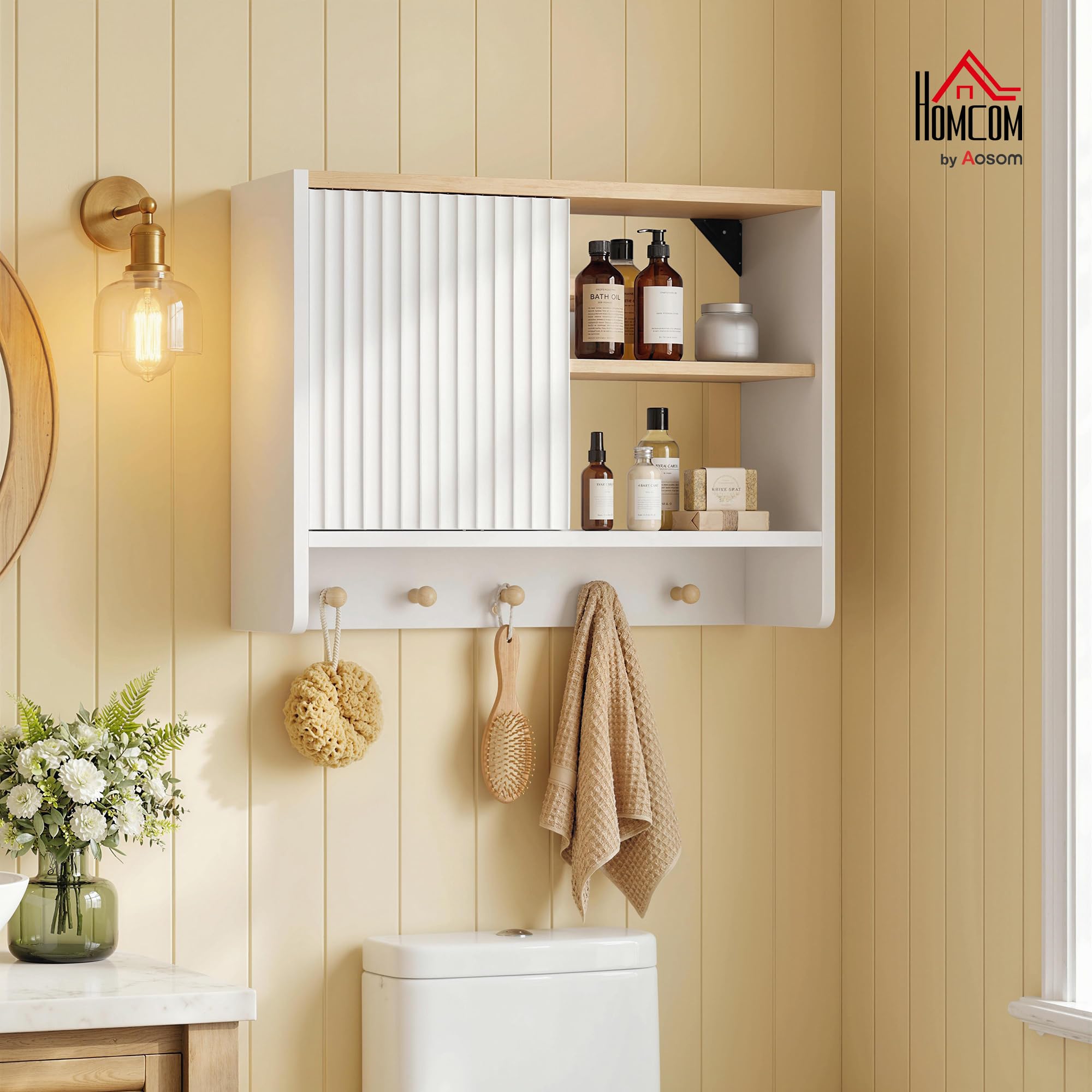 HOMCOM Armoire Murale de Salle de Bain, Meuble de Rangement Suspendu pour Salle de Bains avec Porte, étagères Ouvertes et 5 Crochets, Meuble WC Suspendu, 60 x 20 x 40 cm, Blanc et chêne