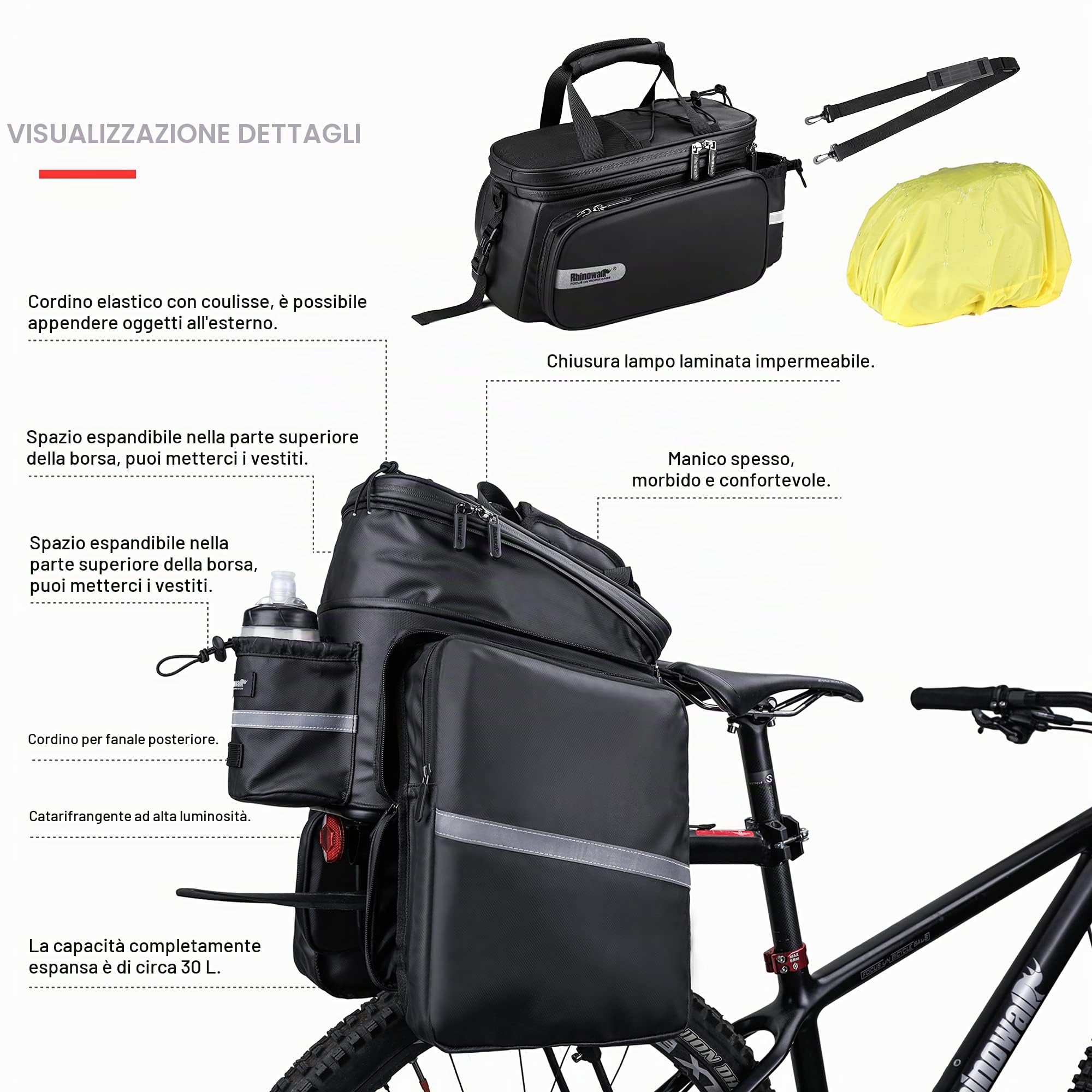 BAIGIO Borsa Bici Posteriore, Portapacchi per Bicicletta, Bagagli per Bicicletta Impermeabili Grande capacità Estensibile 11L-30L per Ciclismo, Viaggi, Quotidiani e Outdoor con Copertura Anti-Pioggia