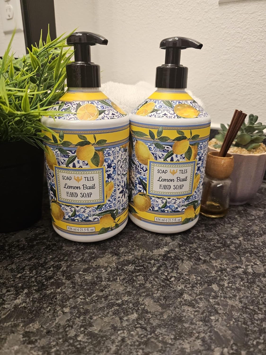 Generic Soap Tiles Lemon Basil Liquid Hand Soap, 21.5 oz Pump Bottle, Made in USA, Pack of 2, Yellow/blue/white