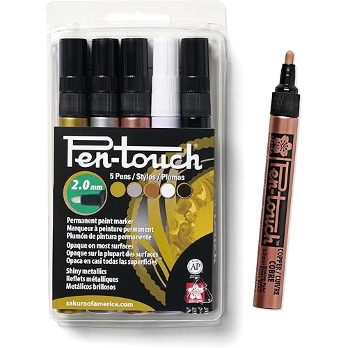 SAKURA 42591 5-Piece 2.0mm Pentouch Paint Marker, Medium, Gold, Silver, Copper, White and Black