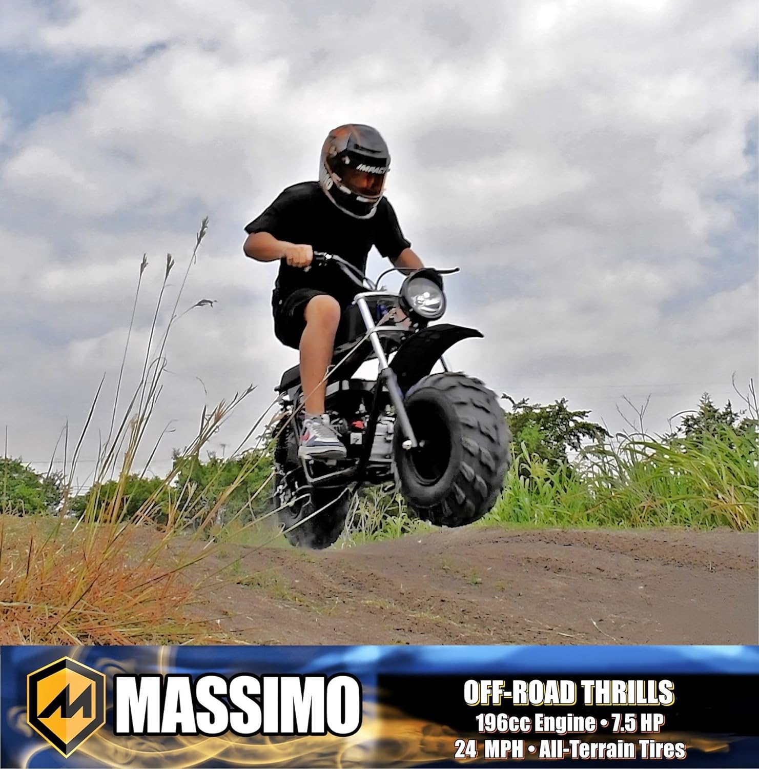 M MASSIMO MOTOR MB200S Four Stroke Single Cylinder Displacement 196CC, 1 Gal 19X7.00-8 in Weight Capacity 220 LBS 25 MPH, Gas Minibike, Mini Motorcycle (Black)