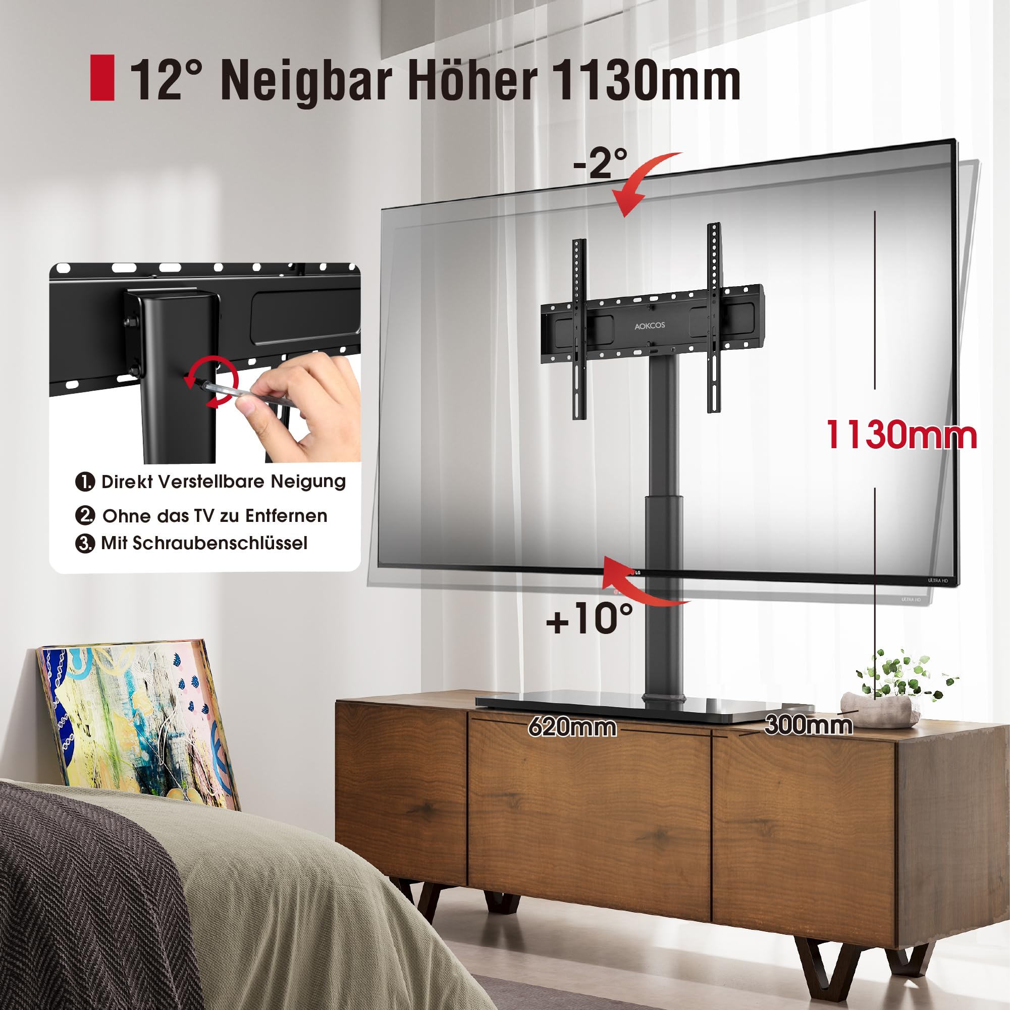 AOKCOS TV Standfuss TV Ständer Höhe 1130mm für 43-75 85 Zoll Fernseher, Neigbar Schwenkbar Höhenverstellbar Fernsehständer, Universal TV Standfüße Standfuss Max VESA 600x400mm 50KG (Schwarz)