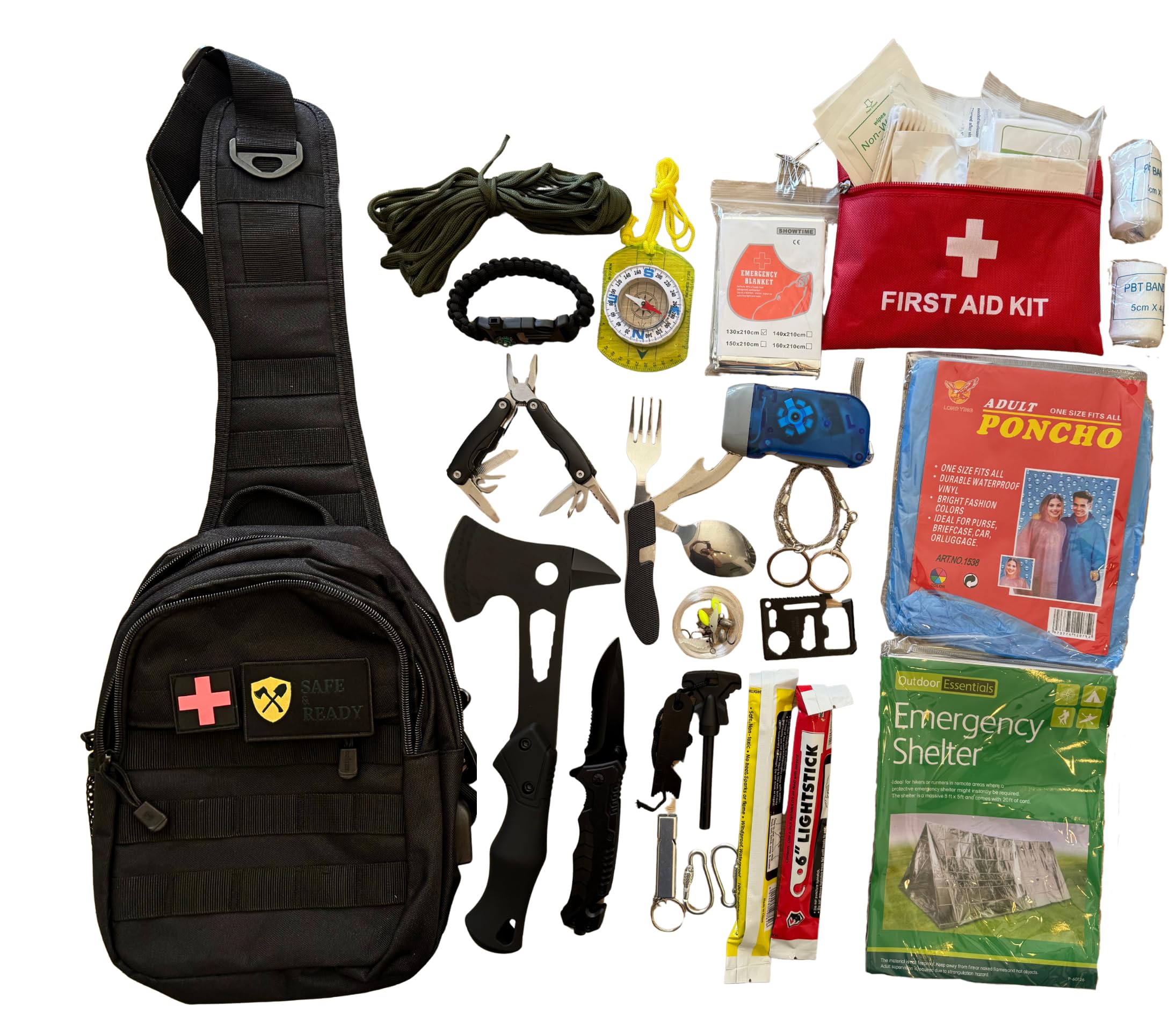 Safe&Ready Kit de Survie avec Hache, Couteau Pliant, Lampe Dynamo, Trousse de Secours, Abri, Poncho, Allume-feu, Scie Câble pour Outdoor, Randonnée, Urgence, Bushcraft