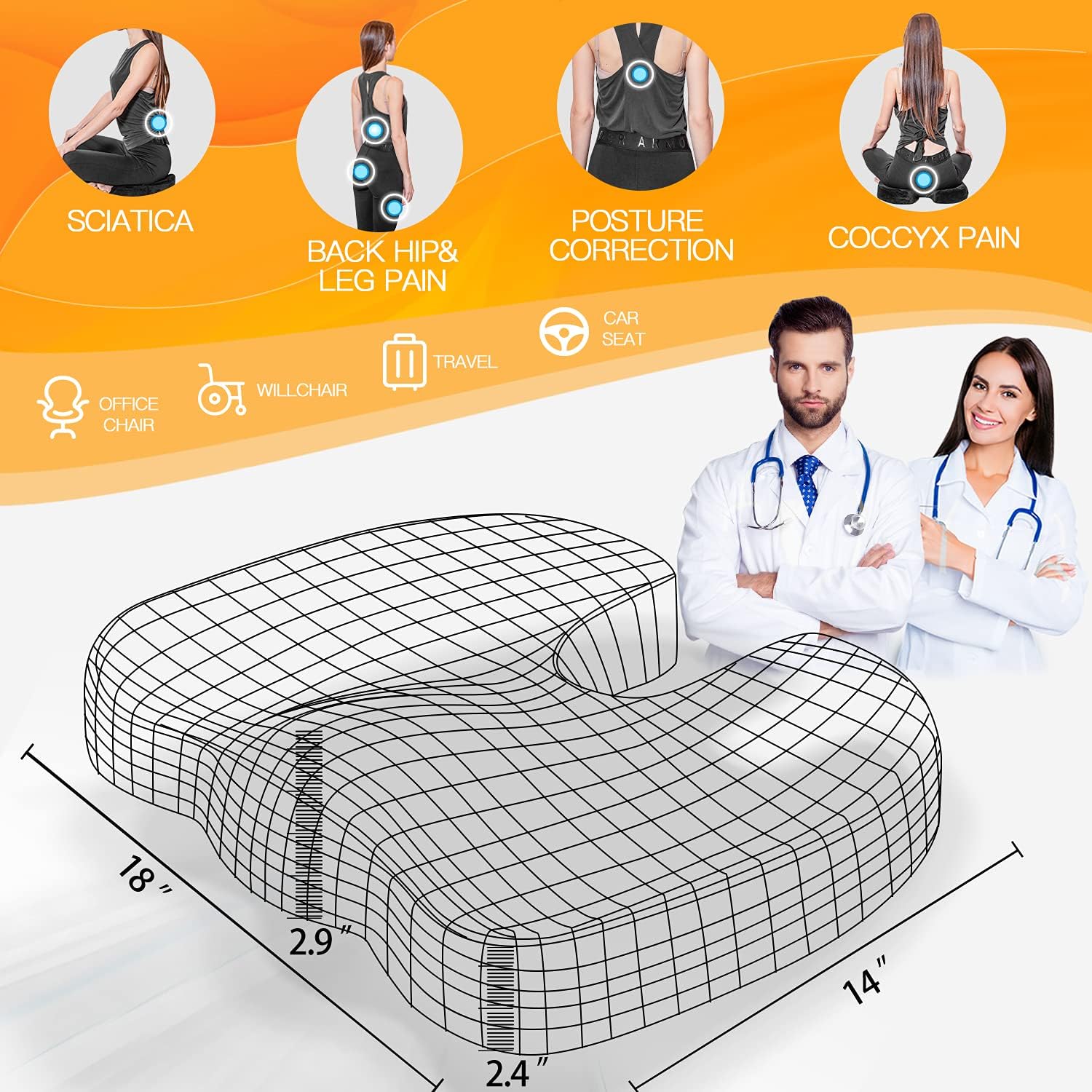 Seat Cushion,Office Chair Cushion for Back Pain,Lower Back & Sciatica Pain Relief,Memory Foam Office Chair Car Seat Cushions with Handle & Non-Slip Base : Office Products