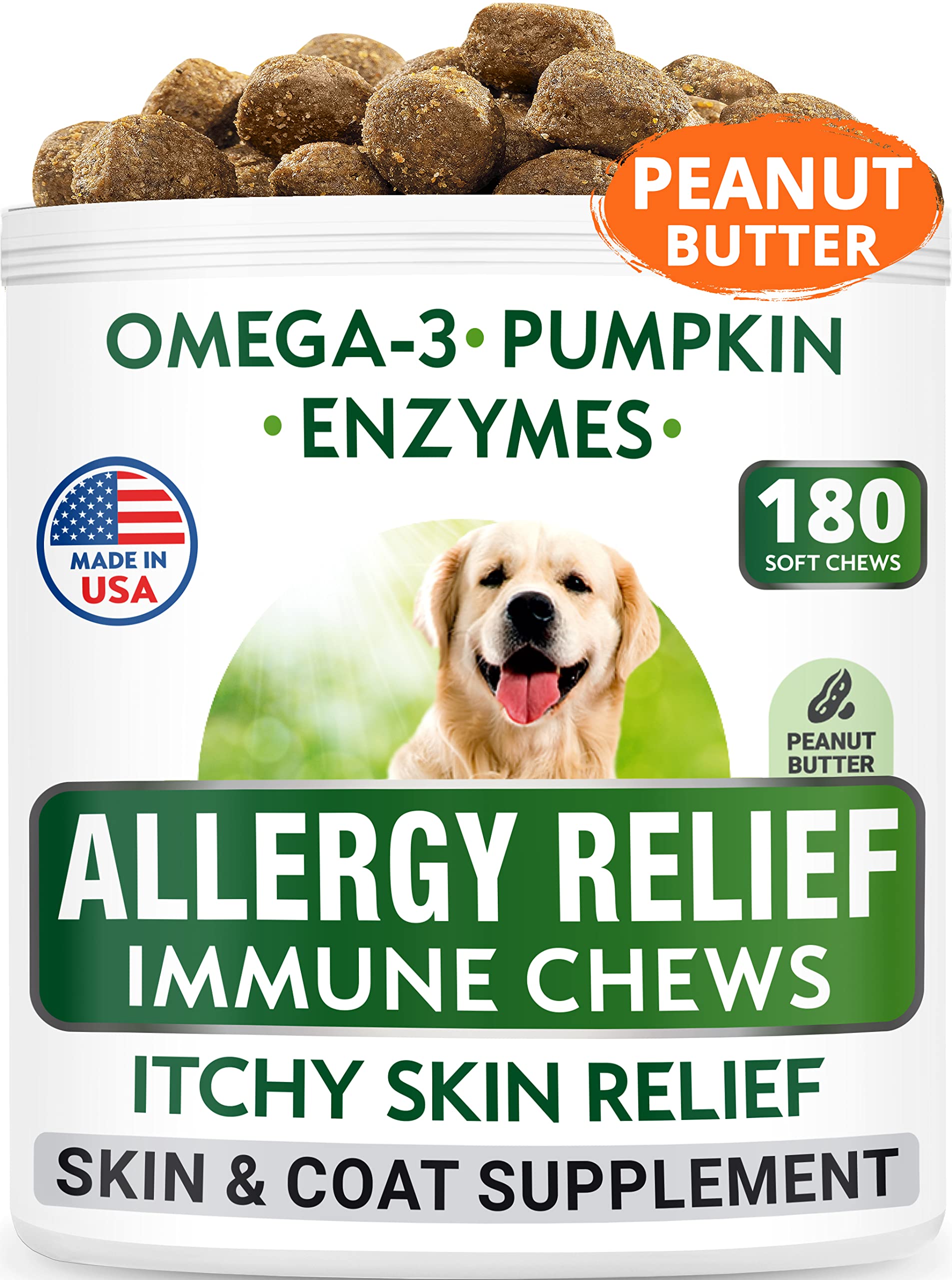 BARK&SPARKDog Allergy Relief Chews (180 Ct) - Anti-Itch Skin & Coat Supplement - Omega 3 Fish Oil - Itchy Skin Relief Treatment Pills - Itching&Paw Licking - Dry Skin&Hot Spots -Peanut Immune Treats