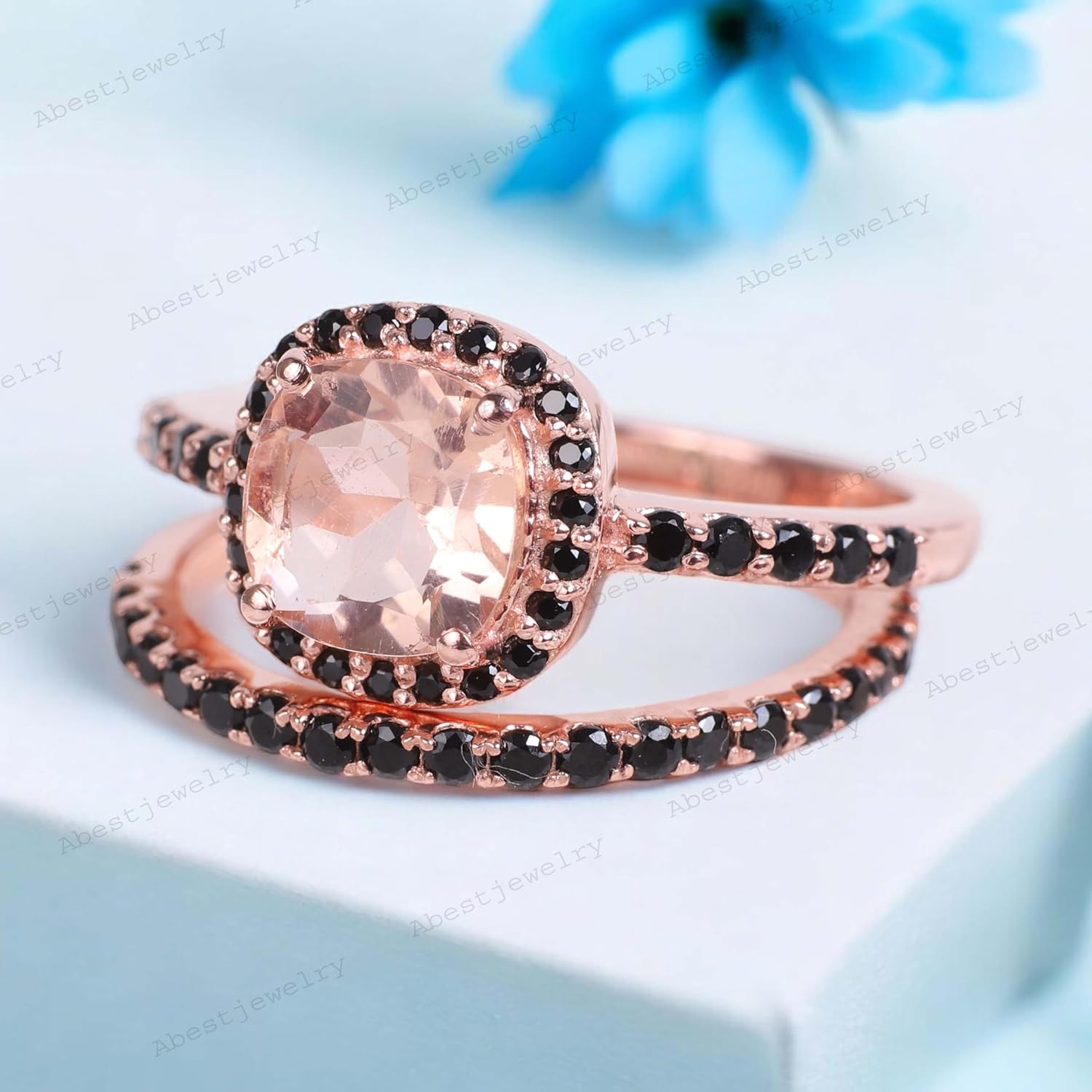 18K Solid Rose Gold Ring Set Morganite Wedding Ring Set for Women Natural Onyx Halo Jewelry Half Eternity Black Stone Promise Band Gift for Wife BY ABESTJEWELRY