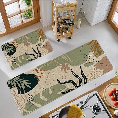 Miniatura 2 de Juego de 2 alfombras y tapetes de cocina bohemios de mediados de siglo, estilo granja, diseño abstracto de hojas tropicales, tapete de cocina