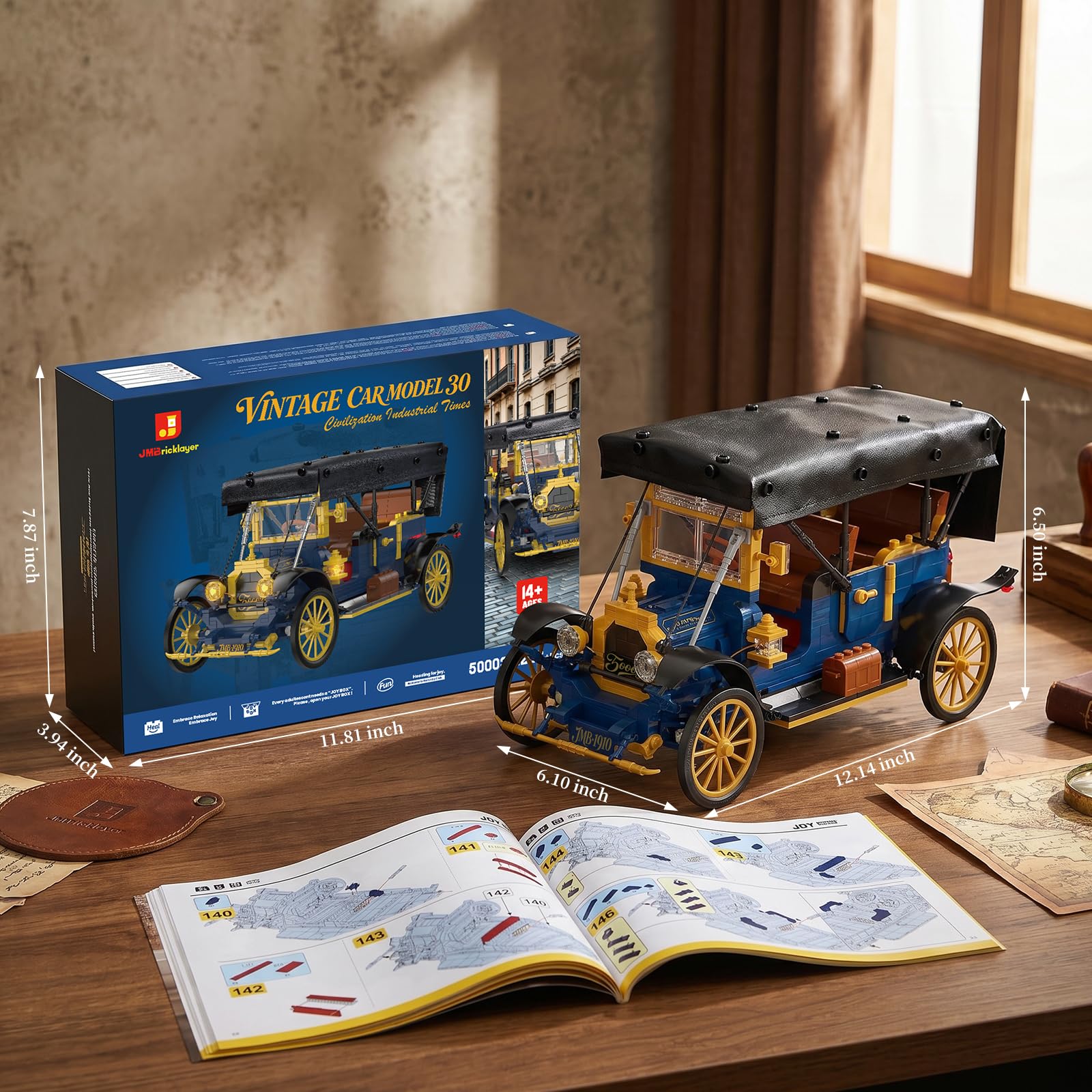 JMBricklayer Maquetas de Coches Antiguos con Luces para Adultos, Techo Plegable de Piel Sintética, 50003 Juguete de Construcción Regalo para Fans de Autos Clásicos