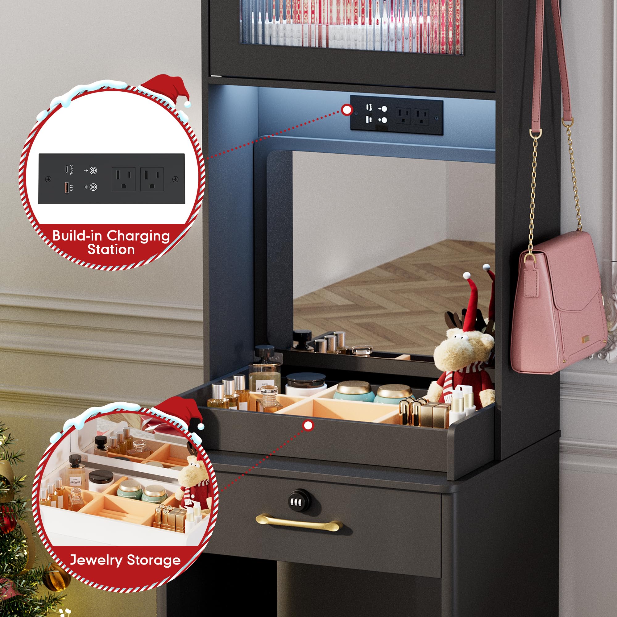 Makeup Vanity Desk With Mirror & LED Lights - 3-in-1 Tall Vanity Set With Jewelry Box, Charging Station & Stool