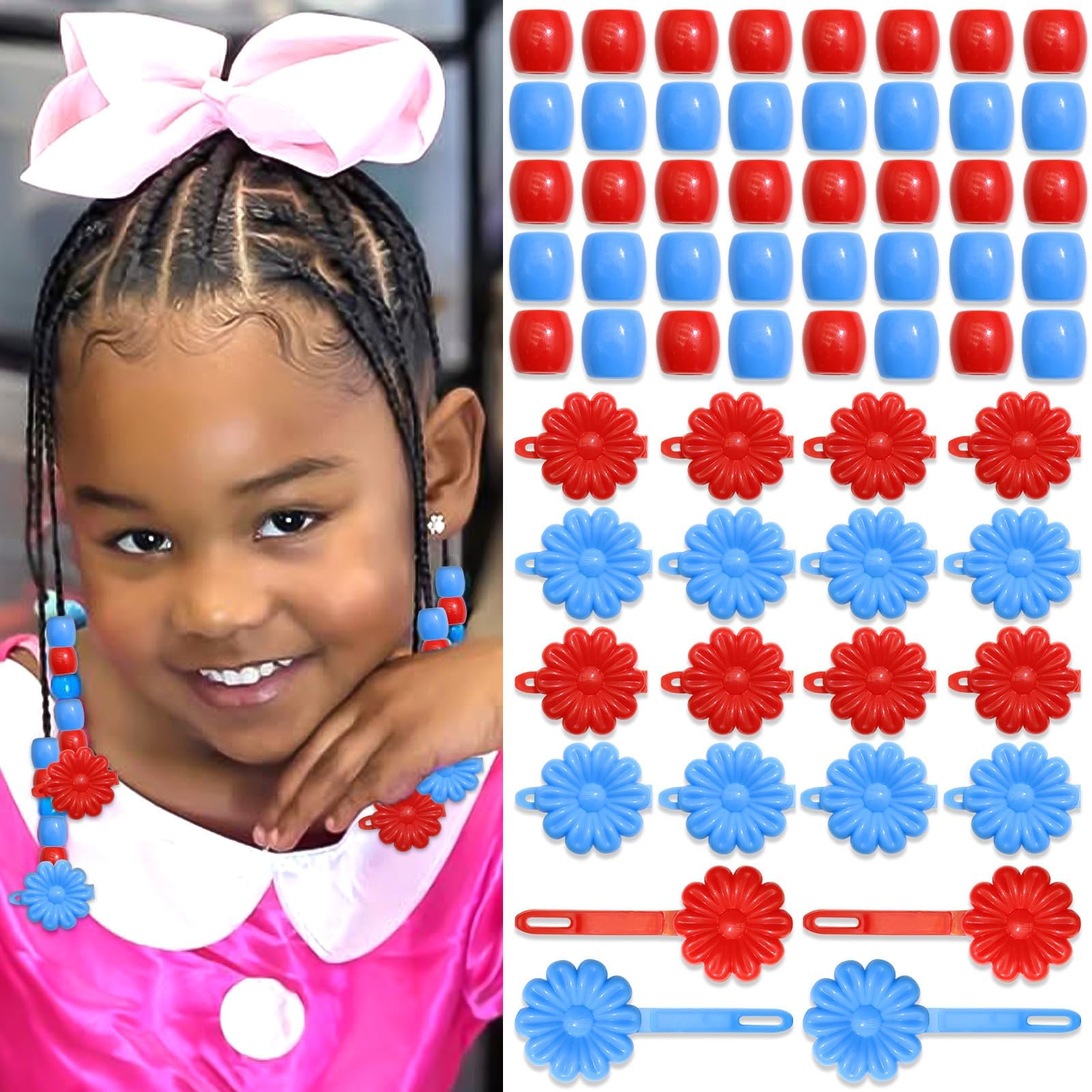 VENOFEN 60PCS Hair Beads for Girls Blue&Red Flower Self Hinge Hair Clips 4th of July Cute Dreadlock Beads Acrylic Pony Bead Plastic Hairpin Clips 80s