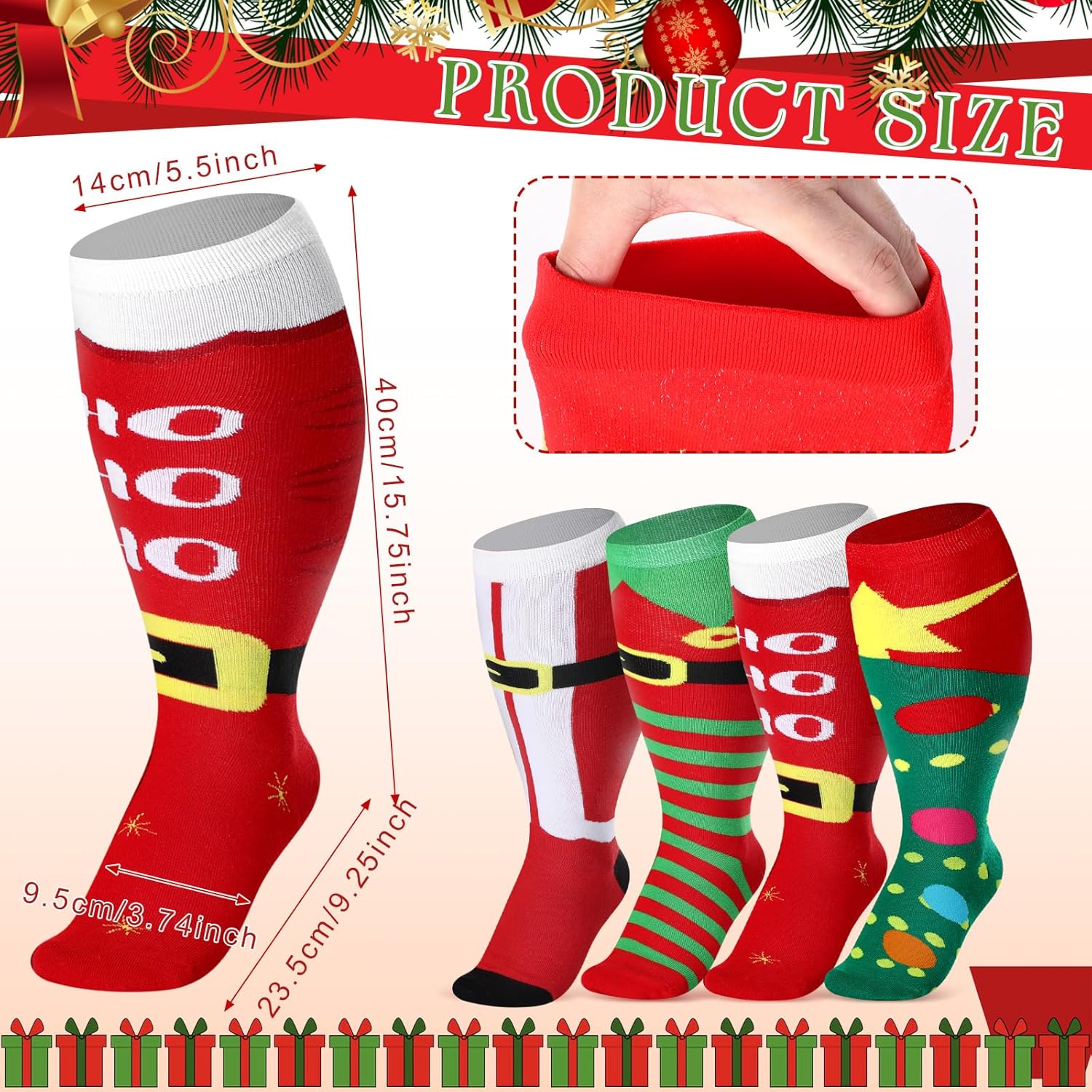 Geyoga 4 Pairs Christmas Plus Size Compression Sock Wide Calf for Women Men 15-25 mmHg Extra Large Size Knee Support Sock - Image 4