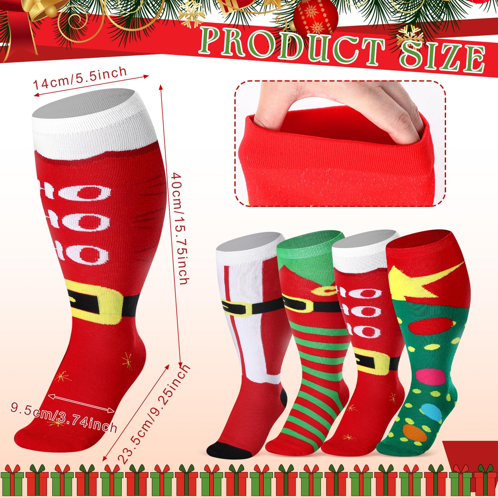 Geyoga 4 Pairs Christmas Plus Size Compression Sock Wide Calf for Women Men 15-25 mmHg Extra Large Size Knee Support Sock(Dwarf and Christmas Tree)