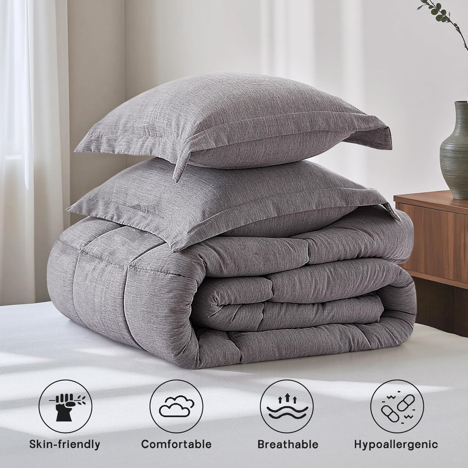 NexHome Queen Comforter Set 3 Pieces Grey Soft Luxury Cationic Dyeing Comforter for All Season, Lightweight Breathable Fluffy Gray Bedding Sets with 1 Comforter and 2 Pillow Shams Queen - Image 5