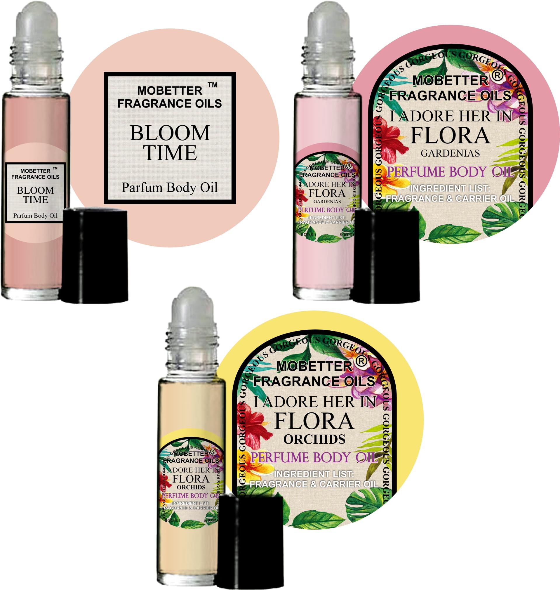 MOBETTER FRAGRANCE OILS Bloom Time and Flora 3 Piece Women Perfume Set Body Oil