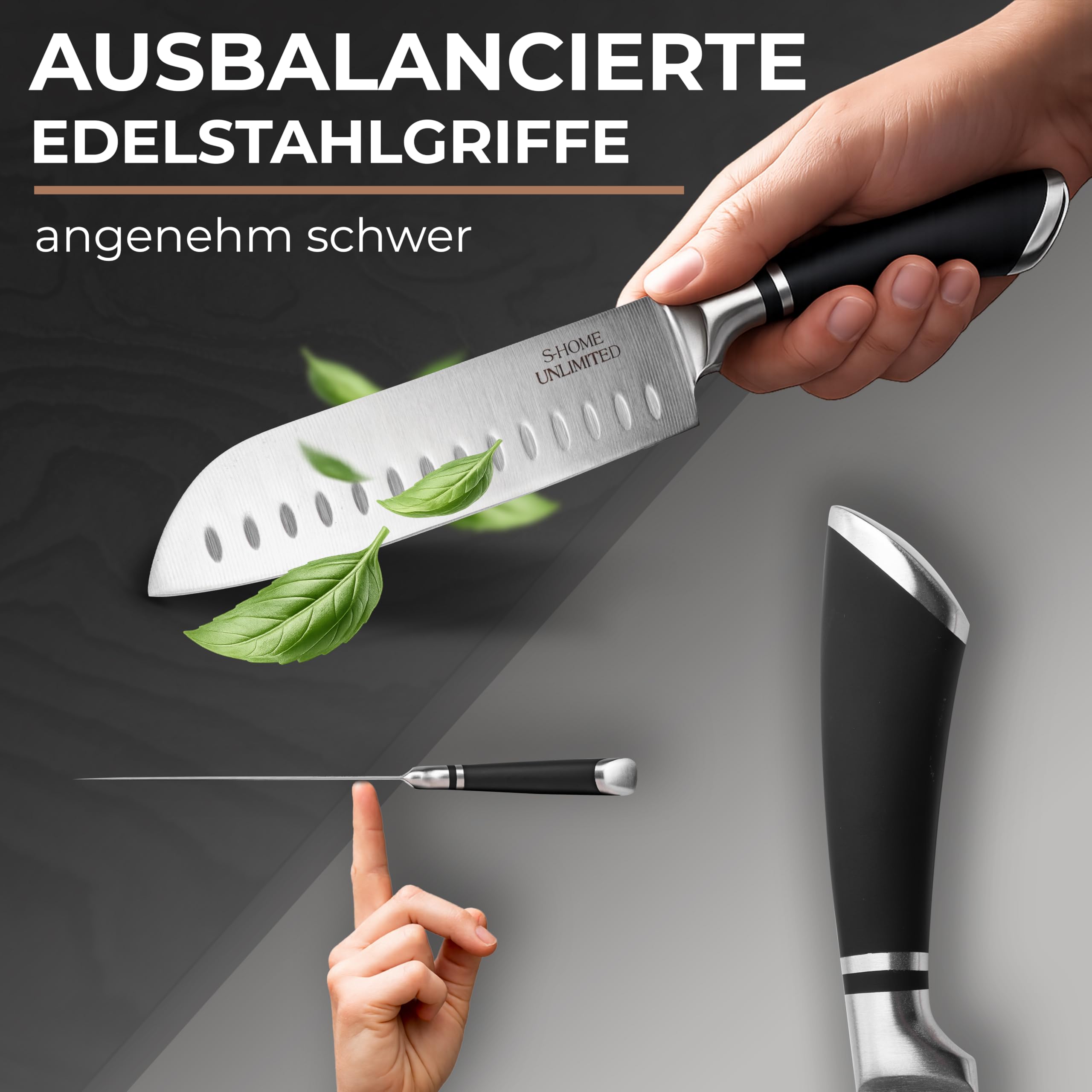 Messerblock mit Messern | 6-teiliges Set inkl. Schärfer | Ergonomische Edelstahlgriffe | Edler Holzblock in Schwarz | Extrem scharf & langlebig