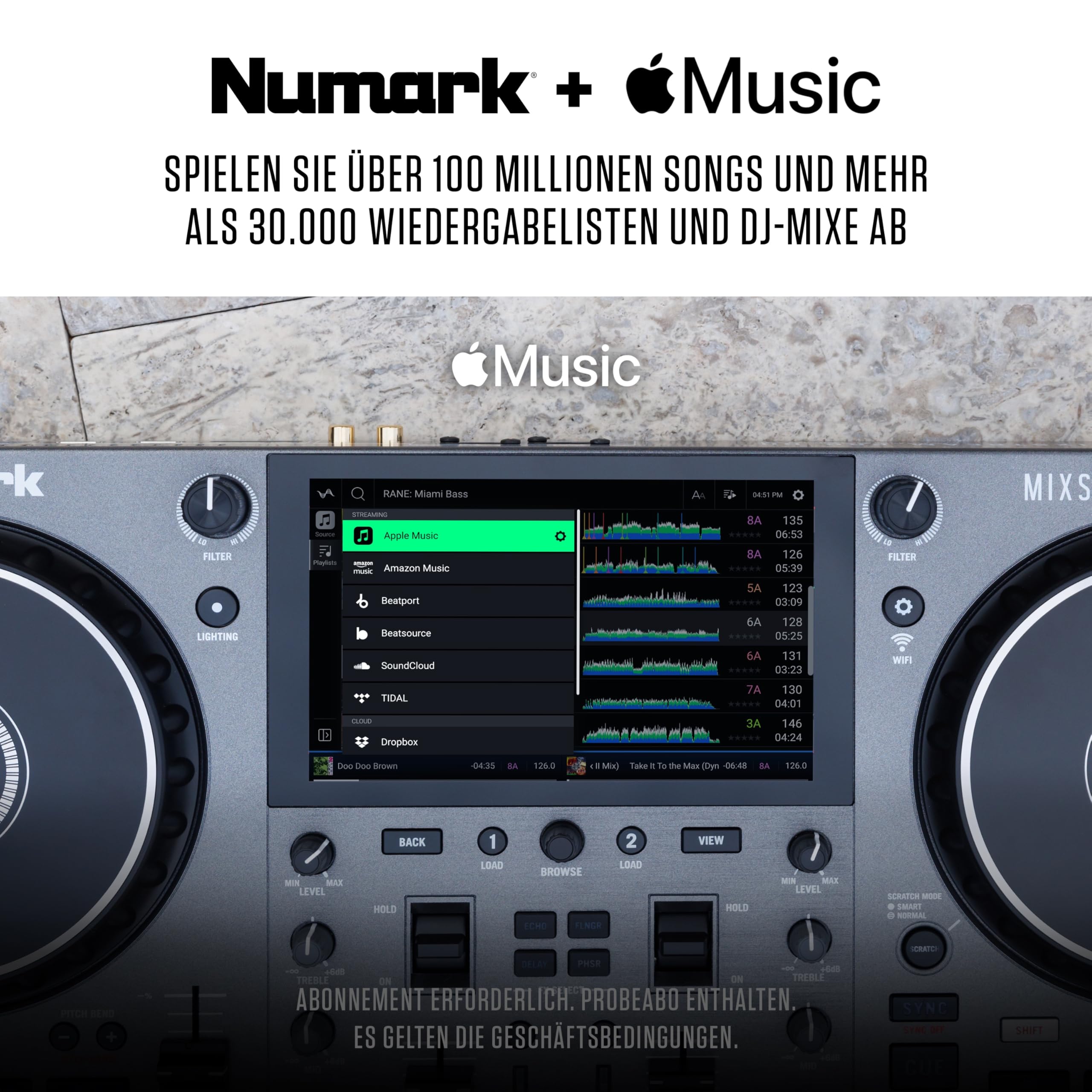 Numark Mixstream Pro Go Tragbarer DJ-Controller mit Akku, Mixer mit Stem-Trennung, Lautsprecher, WLAN-Streaming, Touchscreen, kompatibel mit Serato DJ