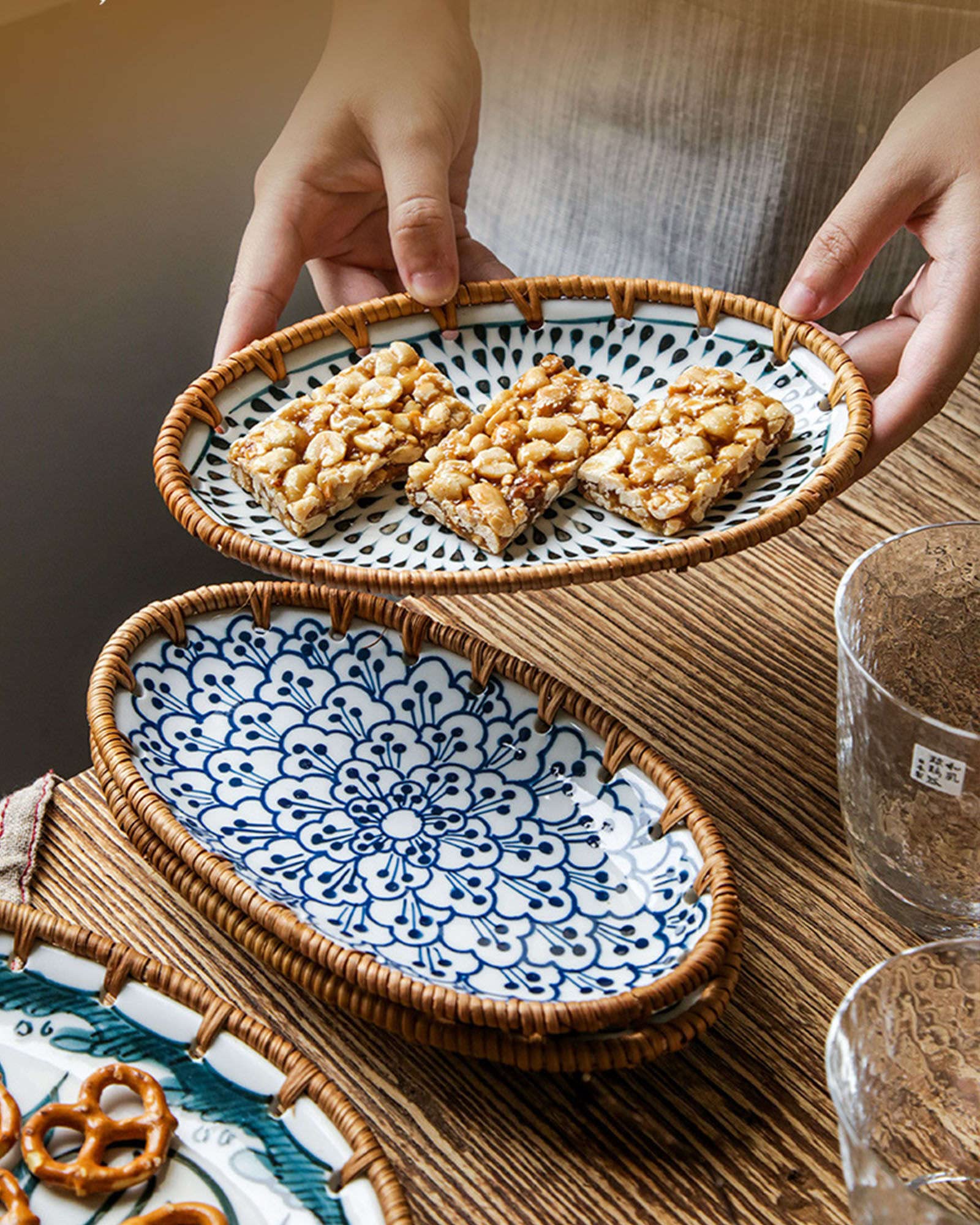 talerz obiadowy, Podzielone talerze obiadowe, talerz Diet Control, mały ceramiczny deserowy, zestaw 2 talerzy na przekąski z rattanu(B)