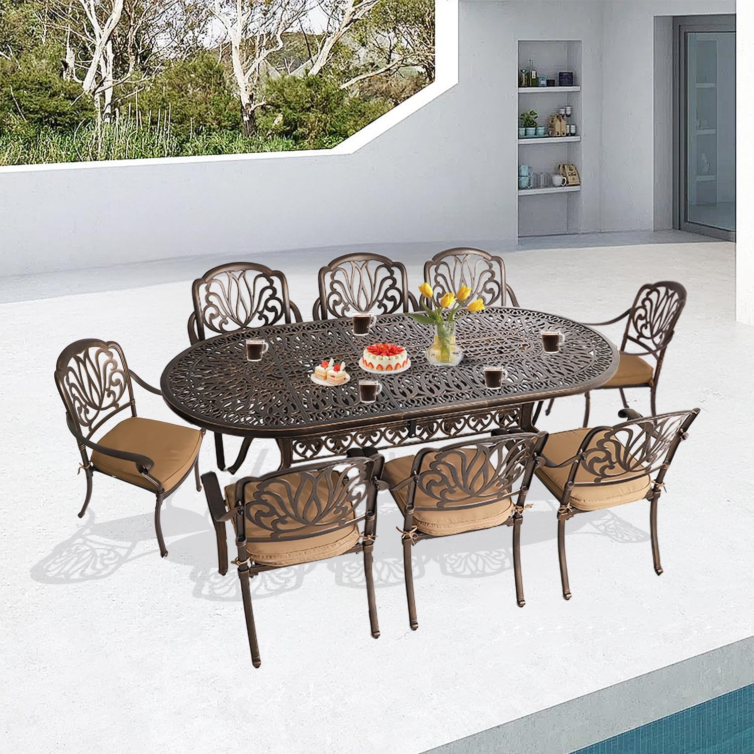 Patio Dining Set,9 Piece Outdoor Furniture Set, 8 Person Outside Dining Table and Chairs Set,Metal Stacked Chairs of 8,Oval Table with 1.96" Umbrella Hole