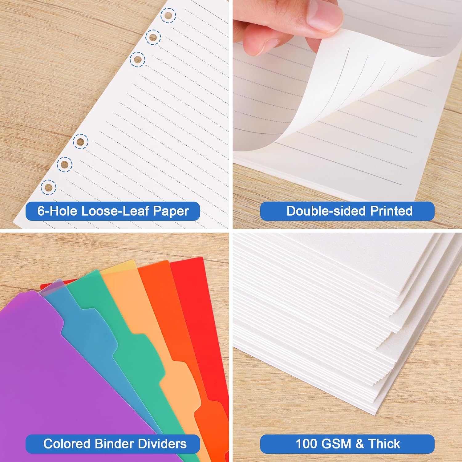 A5 Lined Refill Paper 6 Hole Planner Inserts for A5 6 Ring Binder, 135 Sheets Wide Ruled Lined Filler Paper Loose Leaf Refills with 12PCS Binder Dividers for Refillable Notebook, Bullet Journal
