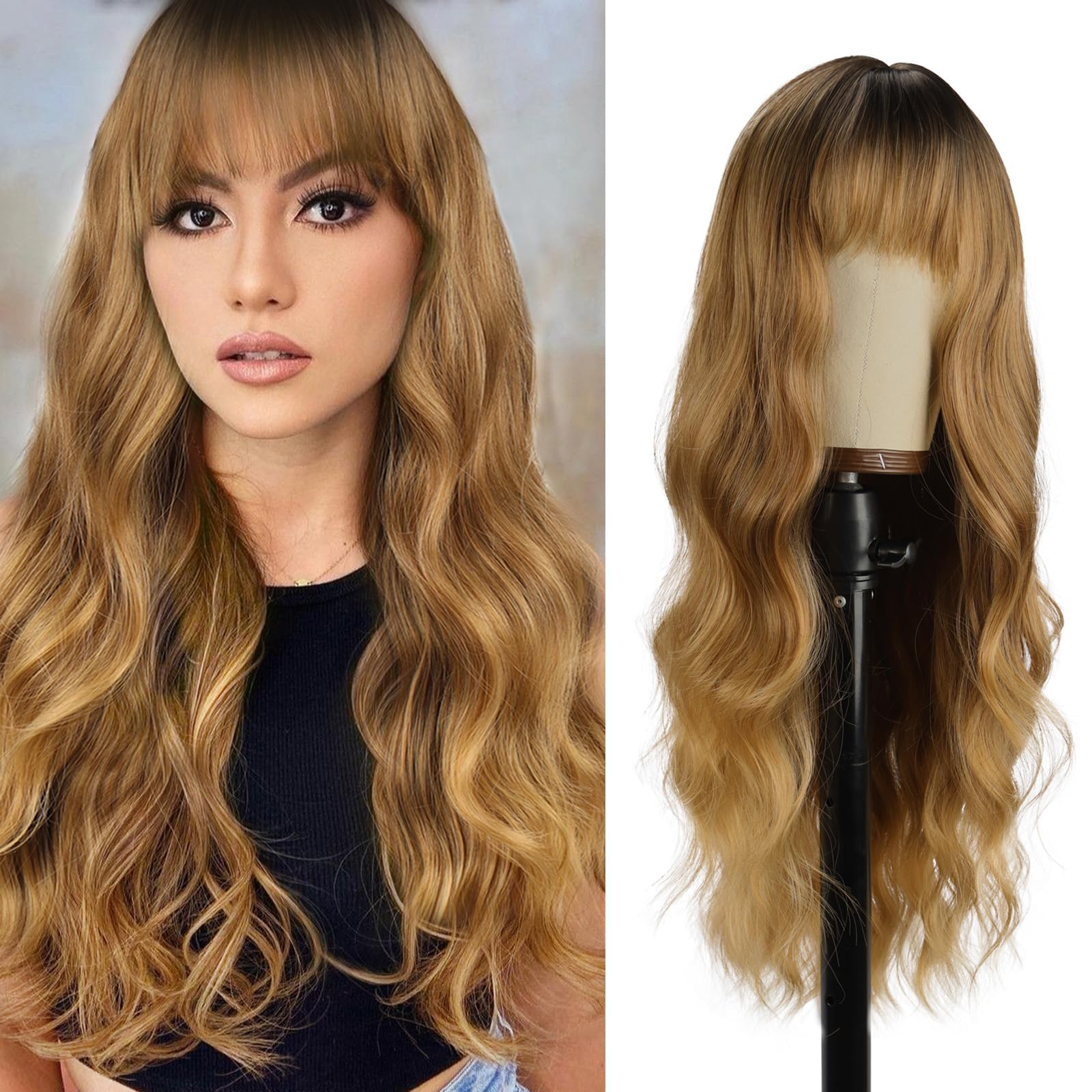 Vomella Highlight Ombre Wig with Bangs 26 Inch Long Curly Wavy Wigs for Women Natural Looking Synthetic Heat Resistant Wig for Daily Party Use