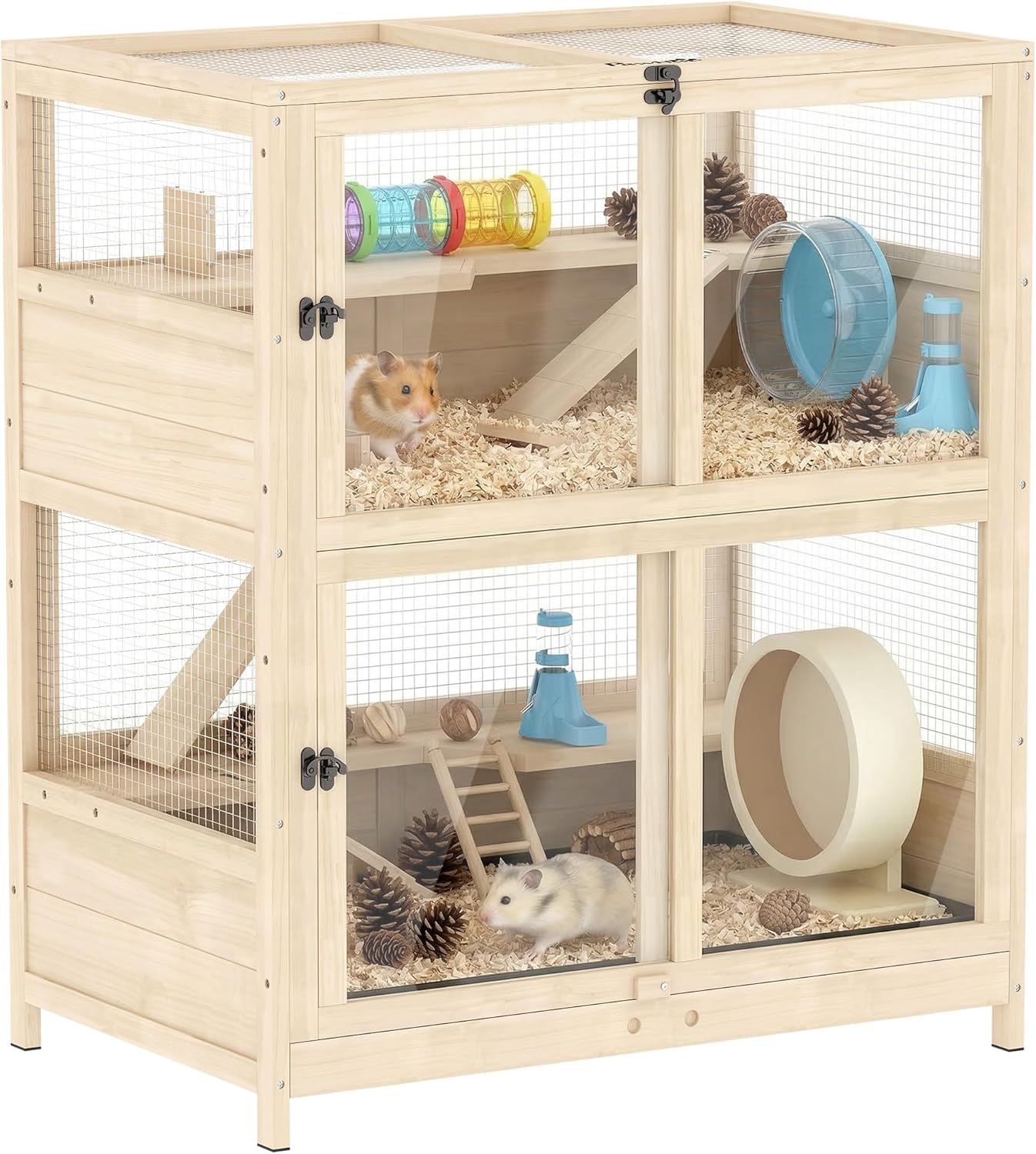 PawHut Wooden Hamster Cage, 4 Tier Small Animal Cage with Mesh Flip Roof, Pull-Out Tray, Huts, Seesaws, Ramps and Water Bottles, Hamster Habitat for Dwarf Syrian Mice Gerbil, 33" x 21" x 36"