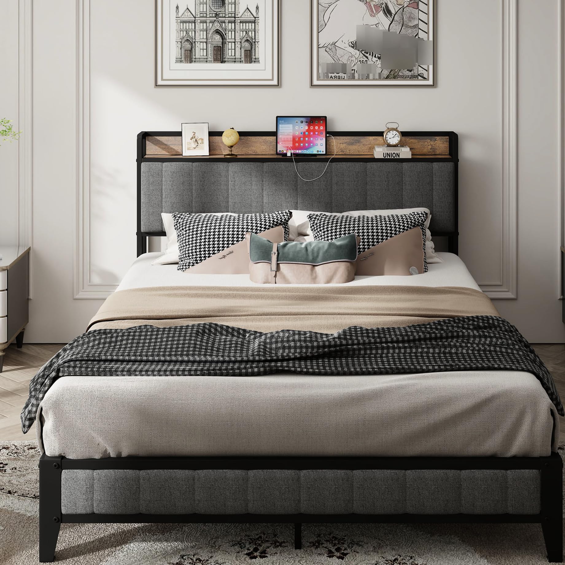 Metal Platform Queen Bed - Upholstered Headboard in Gray with Charging Capacity Frame Dark Outlet