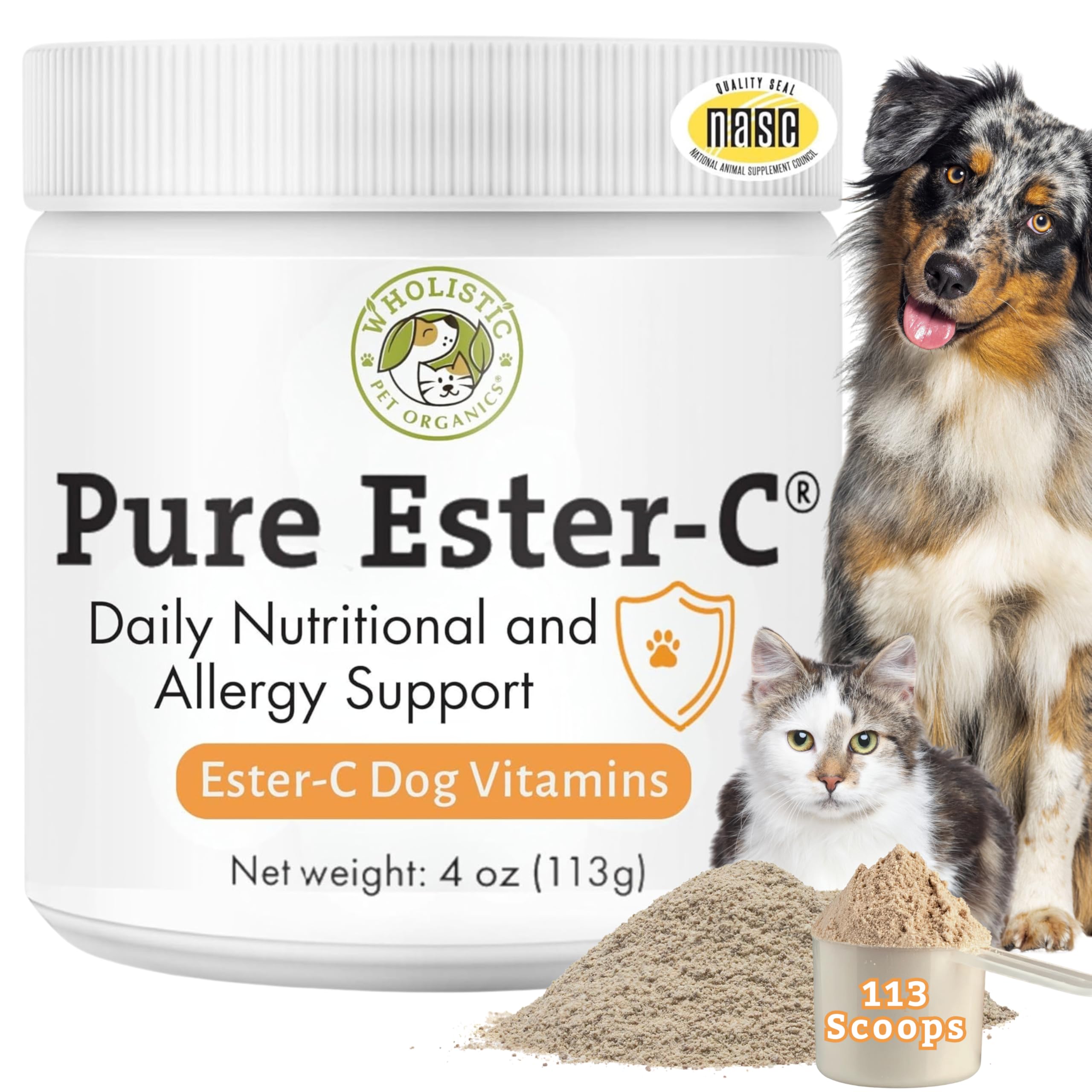 Wholistic Pet Organics Ester-C Powder for Dogs & Cats - Cat & Dog Allergy & Itch Relief - Vitamin C Immune Support Supplement - Itchy Skin Support for Seasonal Dog Allergy Relief - 4 oz - 113 Scoops