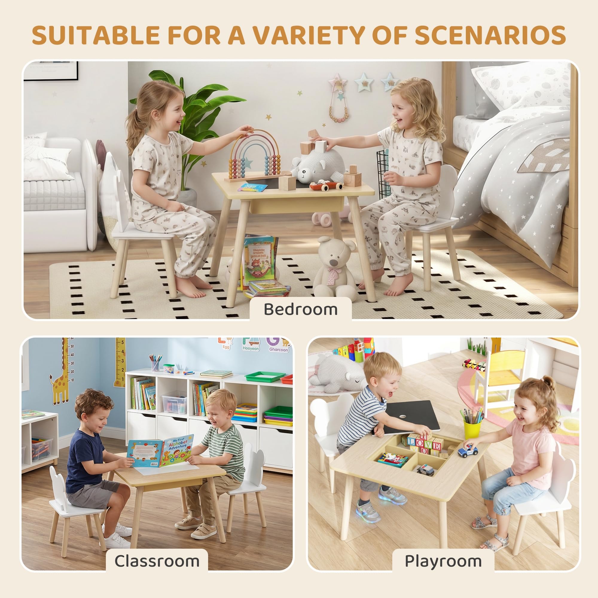 AIYAPLAY Ensemble Table et 2 Chaises 3 pièces Enfants Plateau réversible Bois Naturel
