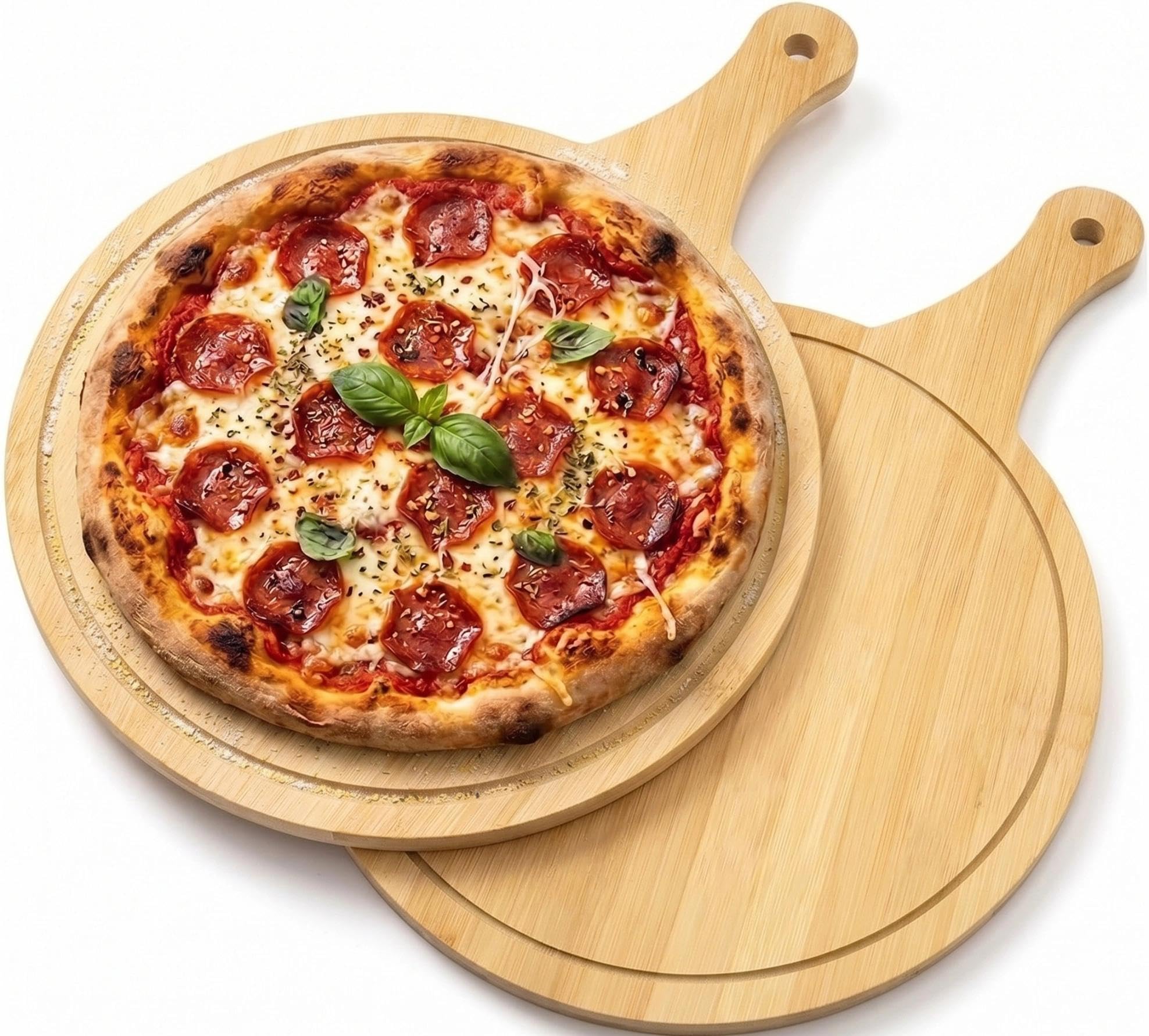 2 piatti per pizza, in legno, con scanalature, 30 cm, rotondi, per tritare e servire salumi, formaggio, pane, pizza, bistecca