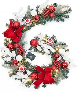GarveeHome 6 Ft Pre-Lit Christmas Garland, Battery Operated Lighted Xmas Garland with 20 Lights & Timer, Christmas Garlands with Lights for Mantle Table Centerpiece Indoor Outdoor Decor, Red White