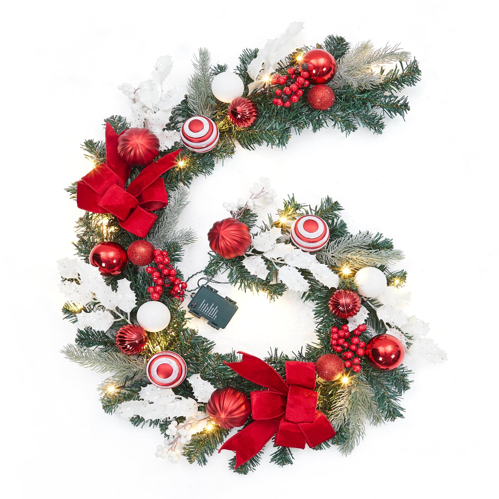 6 Ft Pre-Lit Christmas Garland, Battery Operated Lighted Xmas Garland with 20 Lights & Timer, Christmas Garlands with Lights for Mantle Table Centerpiece Indoor Outdoor Decor, Red White
