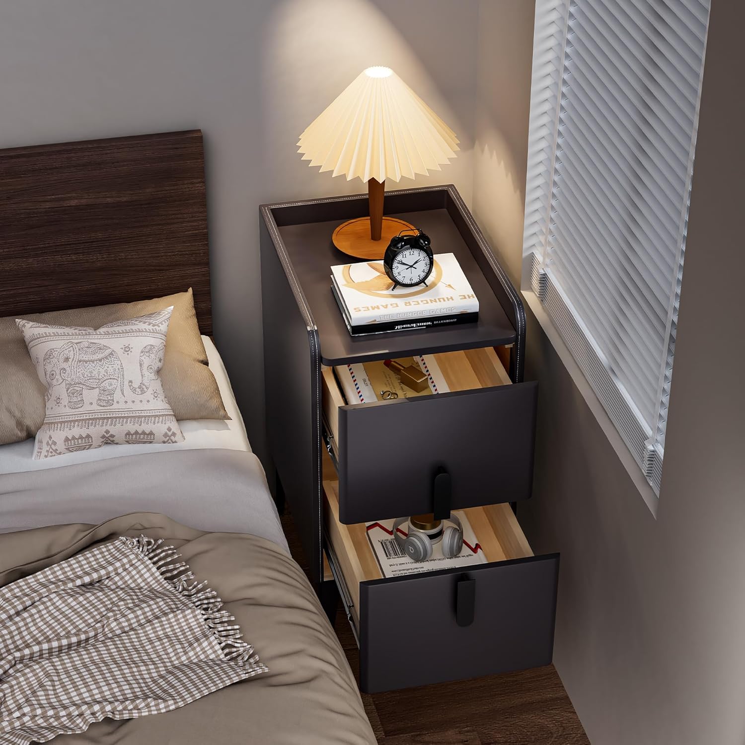 VICITON Narrow Nightstand with 2 Drawers, Narrow Side Table Leather Surface, Slim Bedside Table for Bedrooms, Study, Living Rooms, Small Space (Dark Gray, 15.7" D x 11.8" W x 22.4" H)