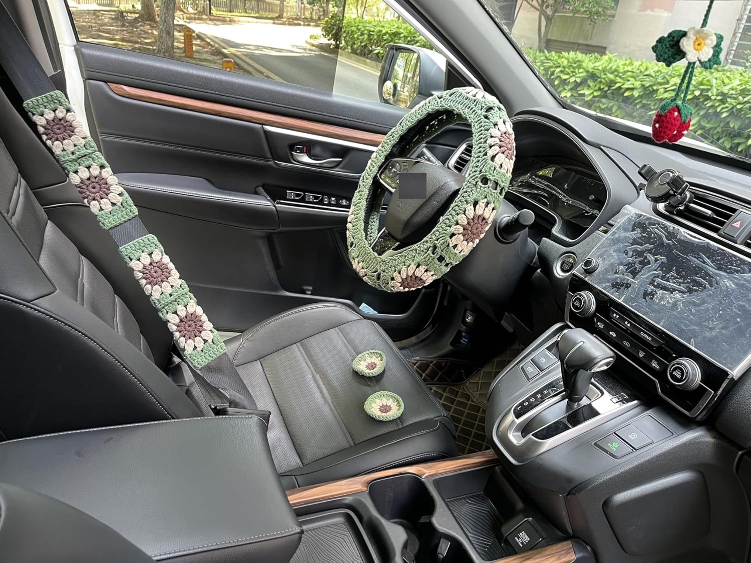 Handmade Crochet Sunflower Car Steering Wheel Covers Dark Green Universal 14-15 inch for Women/Men (Wheel Covers+2belt Covers+2Car Coasters+Strawberry)