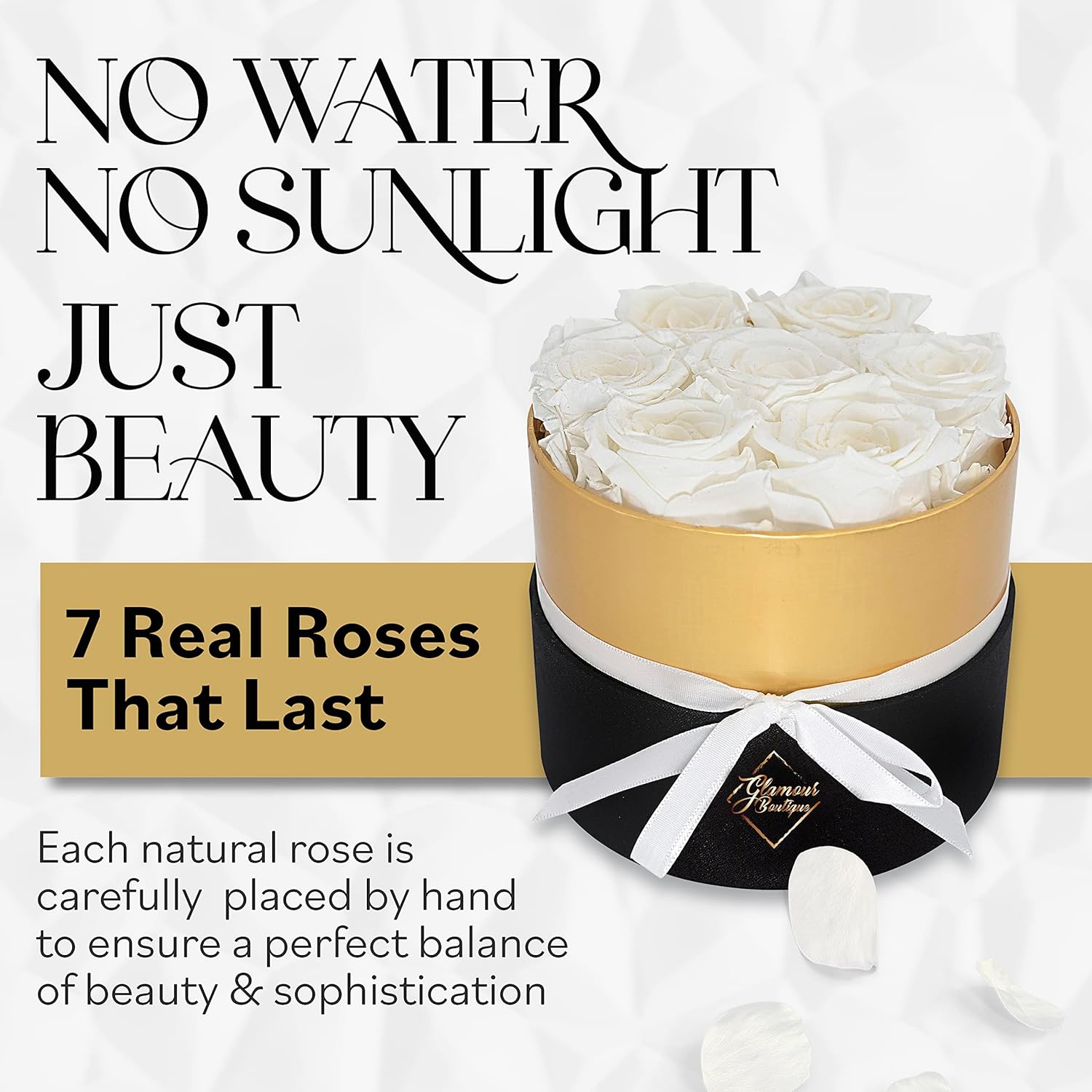 GLAMOUR BOUTIQUE Eternal Preserved Roses in a Box, Flowers Forever, Rose Forever in a Box for Wife or Her, Lasting Real Flower Gift, Elegant Luxury Floral Home Decor, 7 Roses, White (Color-Treated) - Image 4